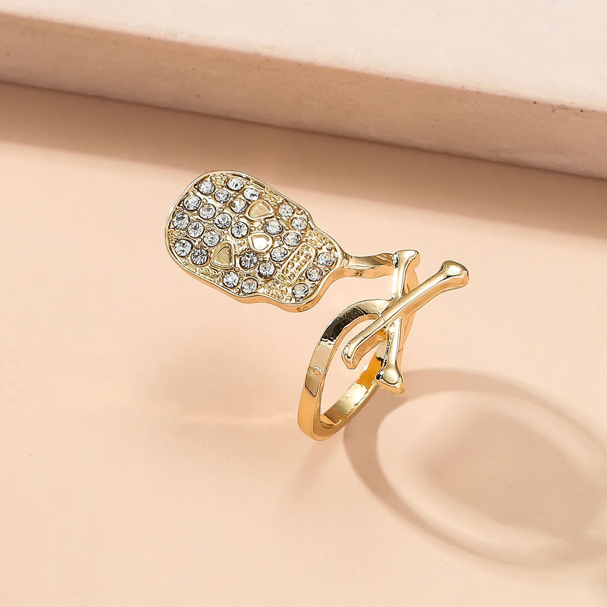 Cubic Zirconia & 18K Gold-Plated Skull Bypass Midi Ring