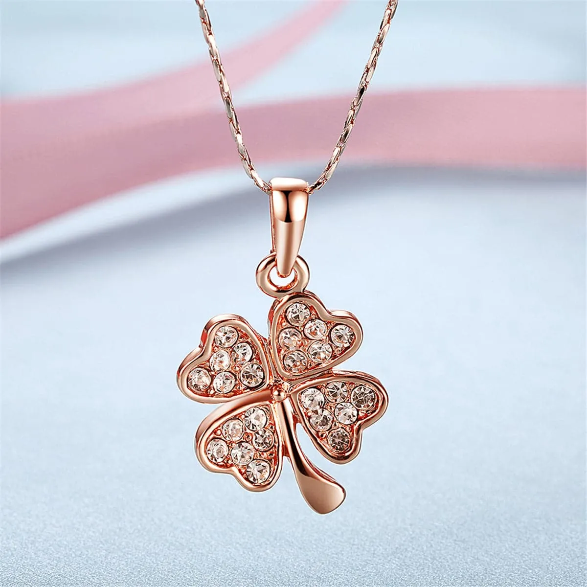 Cubic Zirconia & 18K Rose Gold-Plated Clover Pendant Necklace
