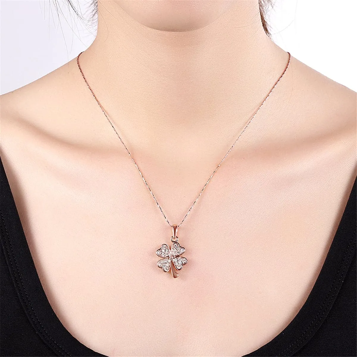 Cubic Zirconia & 18K Rose Gold-Plated Clover Pendant Necklace