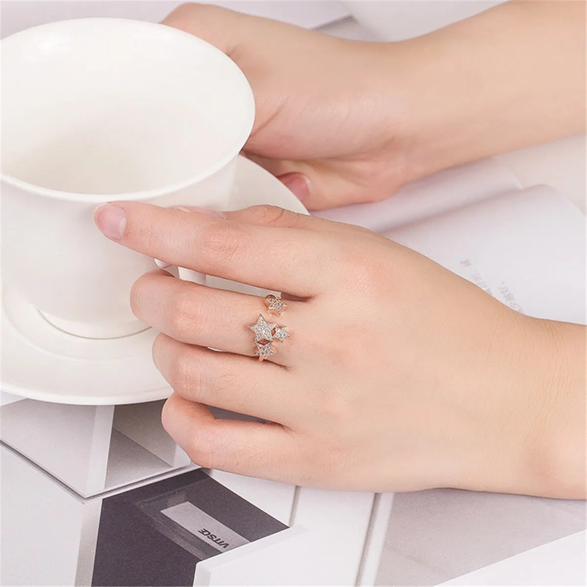 Cubic Zirconia & 18K Rose Gold-Plated Stars Adjustable Ring