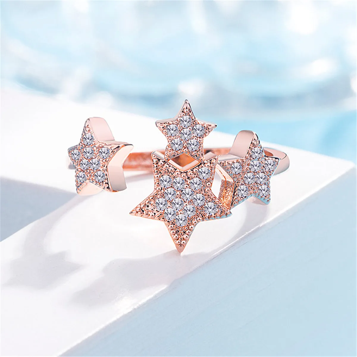 Cubic Zirconia & 18K Rose Gold-Plated Stars Adjustable Ring