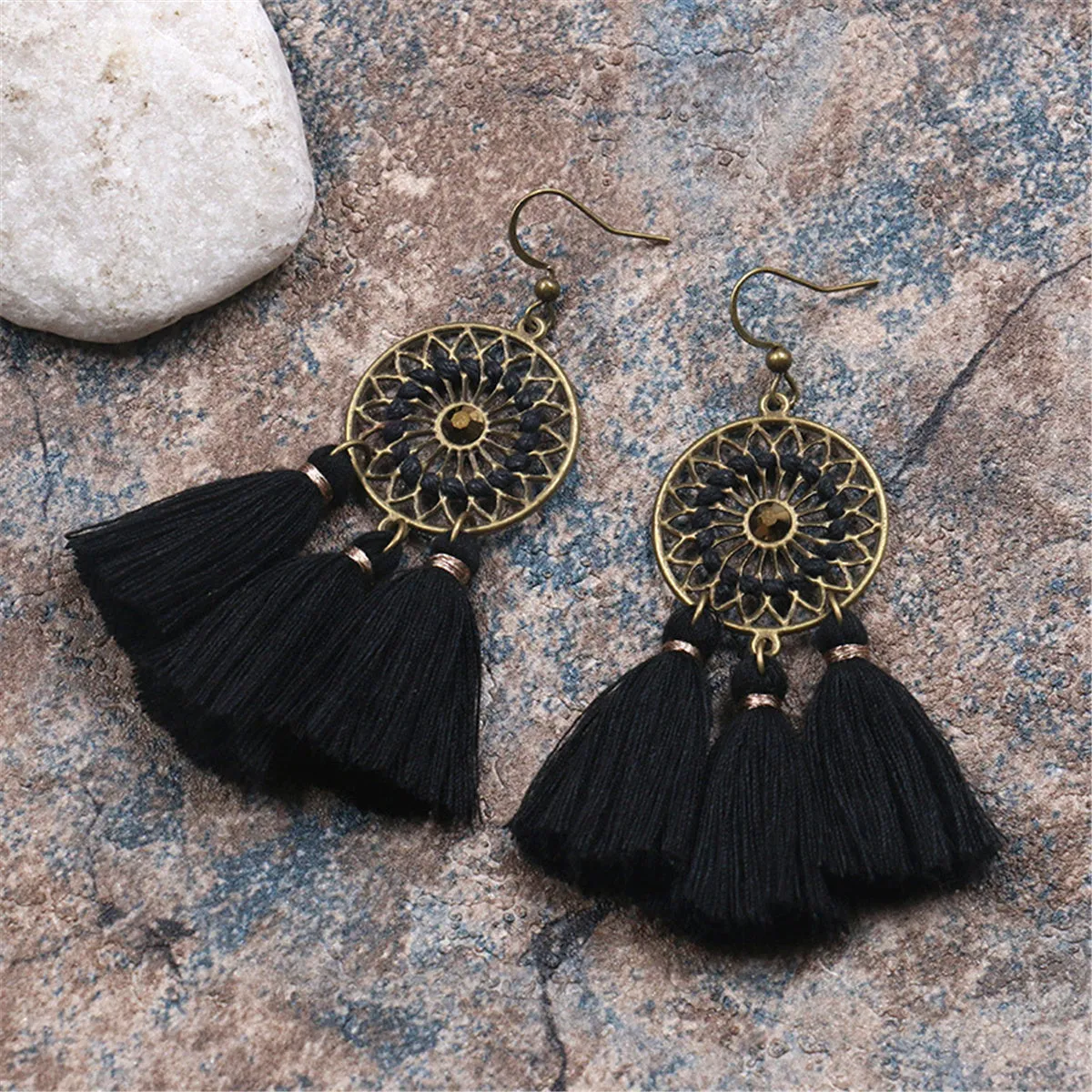 Cubic Zirconia & Black Flower Tassel Drop Earrings
