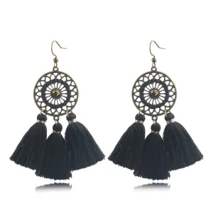 Cubic Zirconia & Black Flower Tassel Drop Earrings