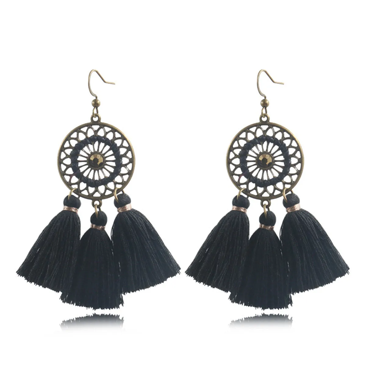 Cubic Zirconia & Black Flower Tassel Drop Earrings