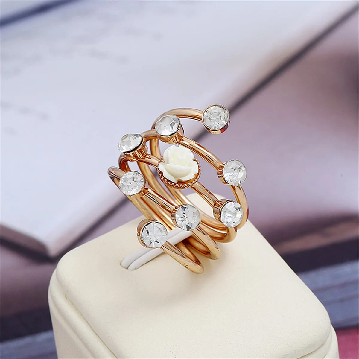 Cubic Zirconia & Cream Rosette Stackable Ring