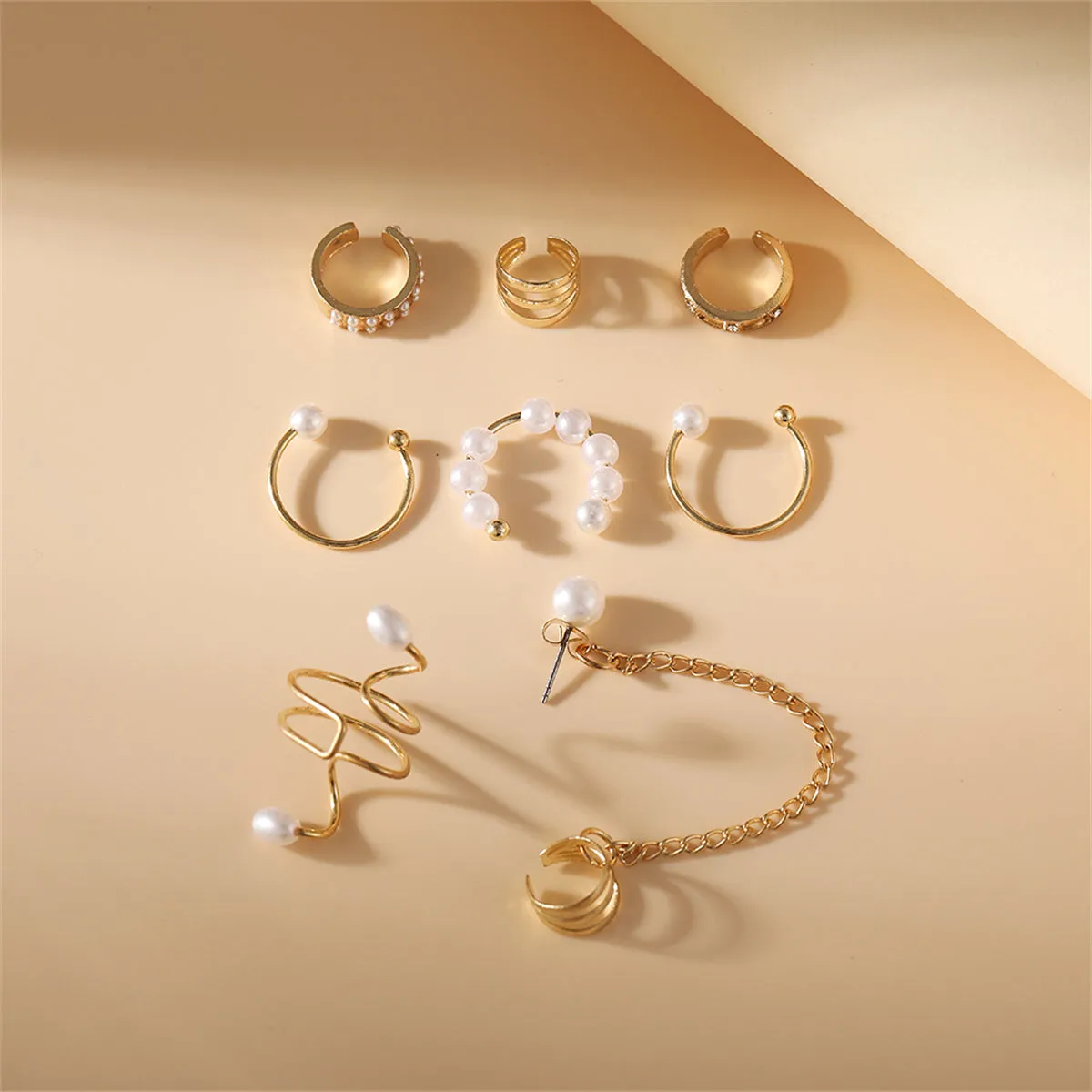 Cubic Zirconia & Pearl 18K Gold-Plated Ear Cuff Set