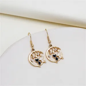 Cubic Zirconia & Pearl Crescent Moon Cat Drop Earrings