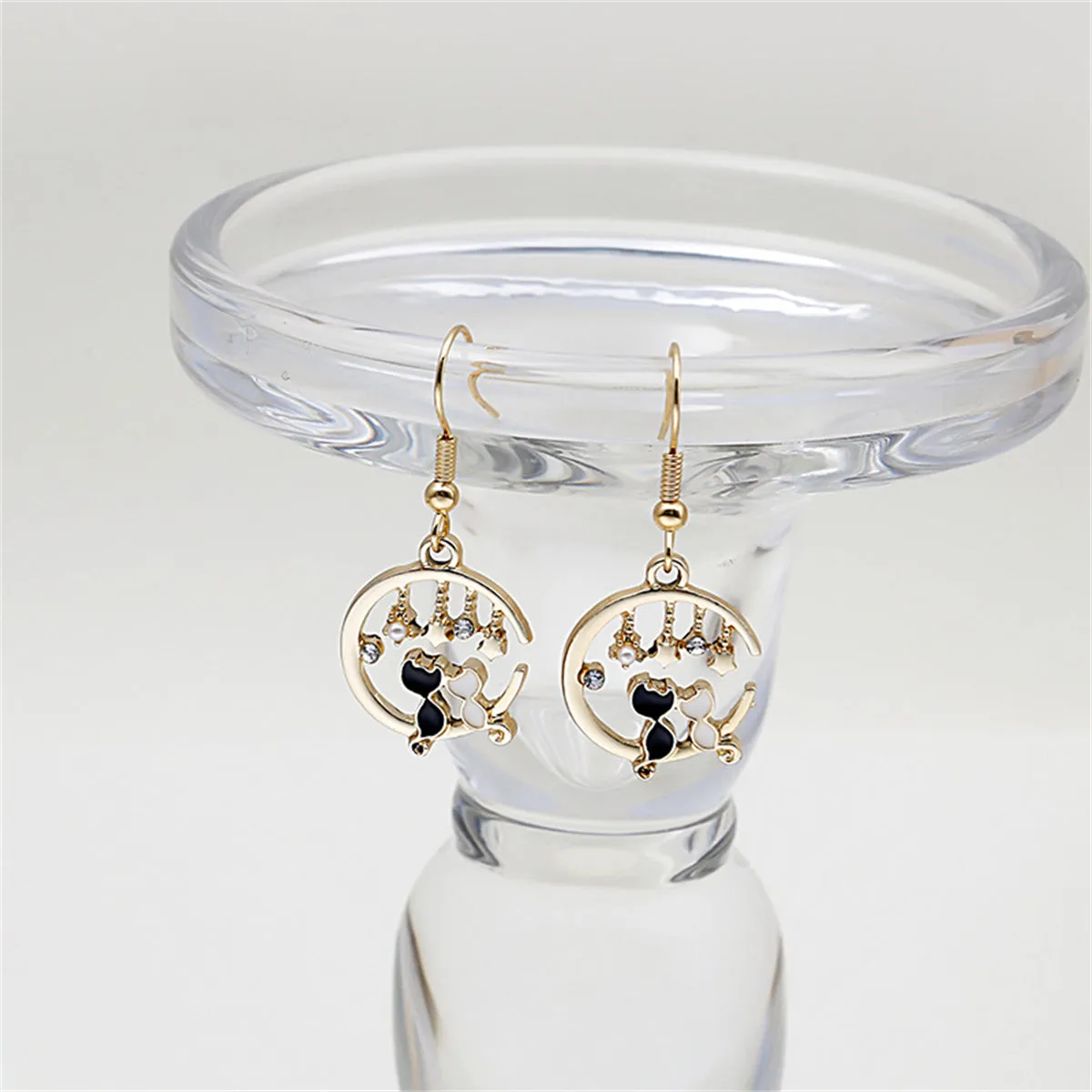 Cubic Zirconia & Pearl Crescent Moon Cat Drop Earrings