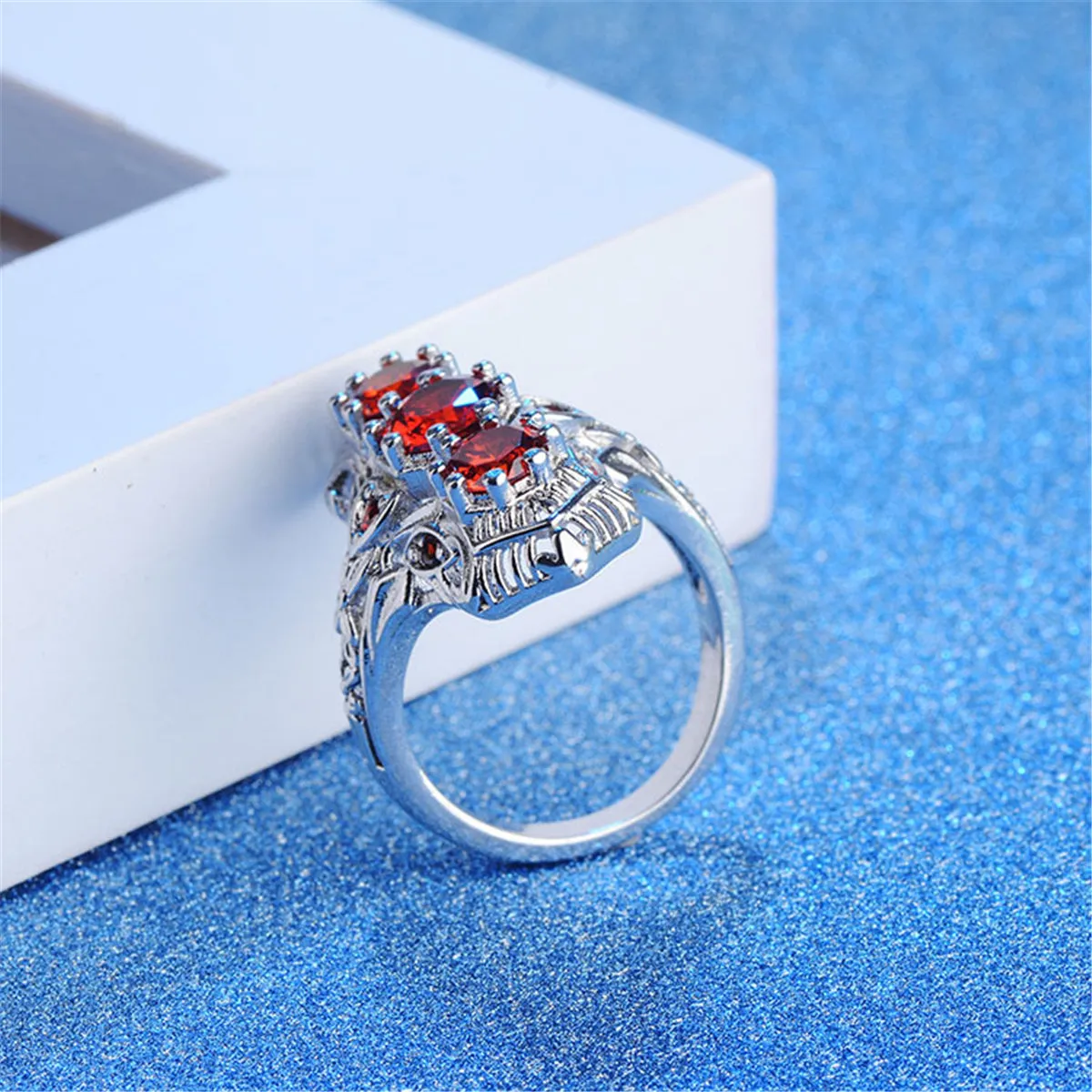 Cubic Zirconia & Red Crystal Shield Ring