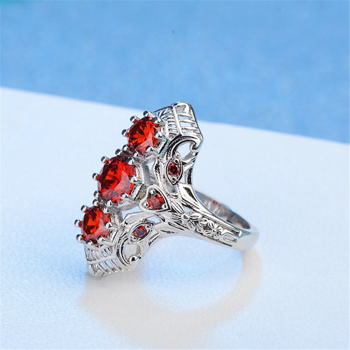 Cubic Zirconia & Red Crystal Shield Ring