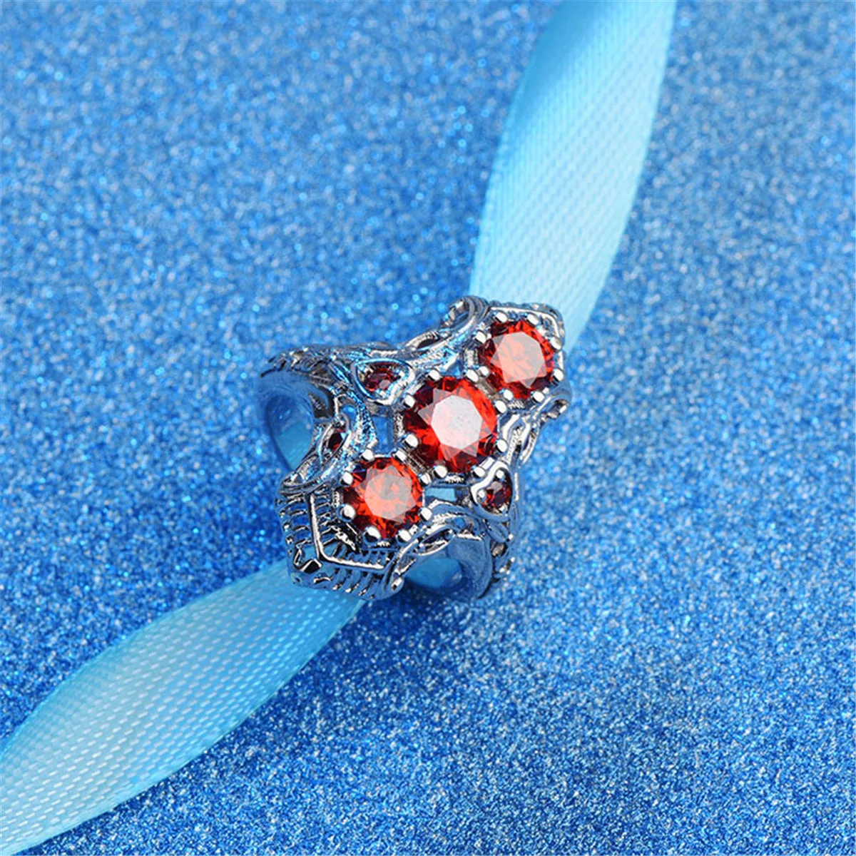 Cubic Zirconia & Red Crystal Shield Ring