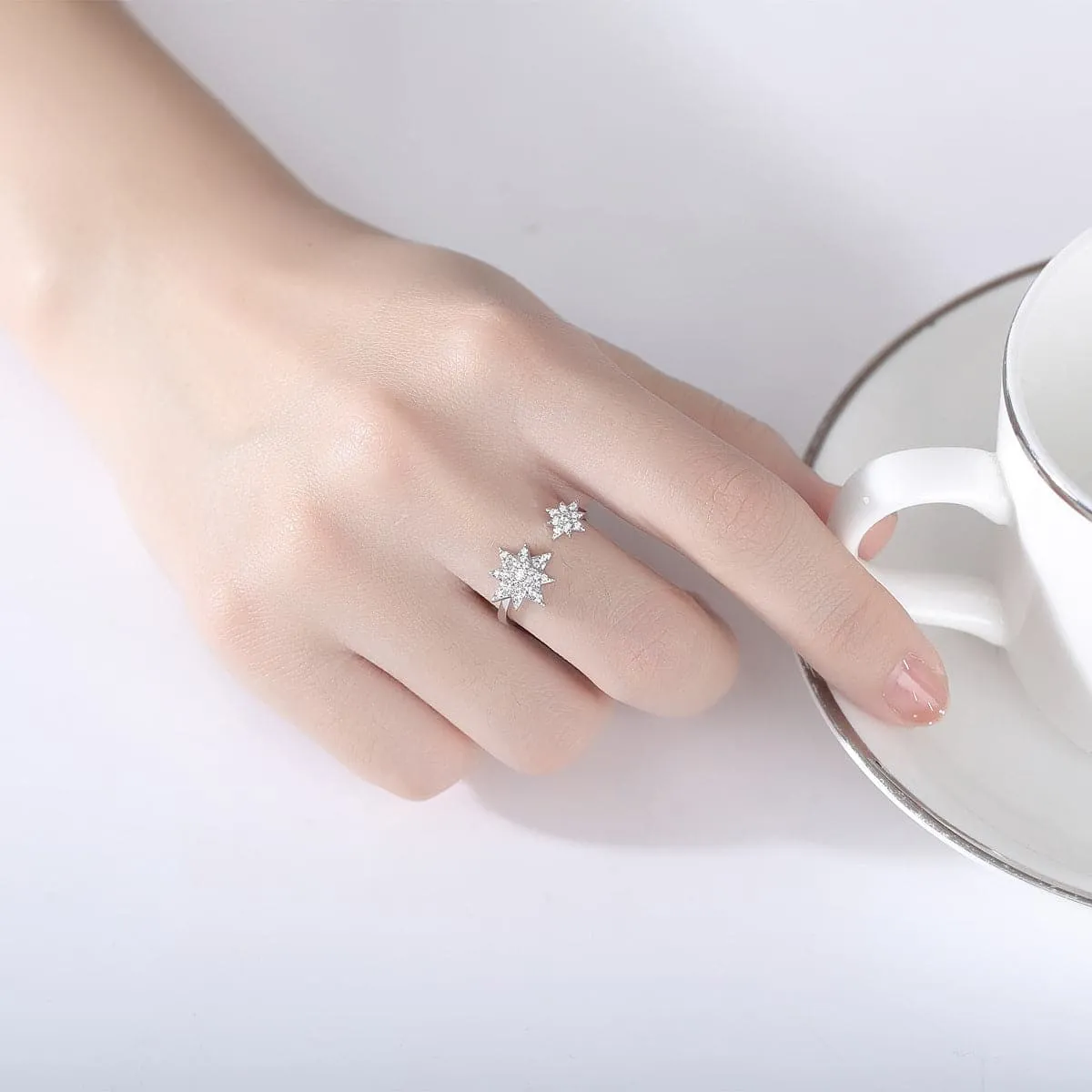Cubic Zirconia & Silver-Plated Star Open Ring