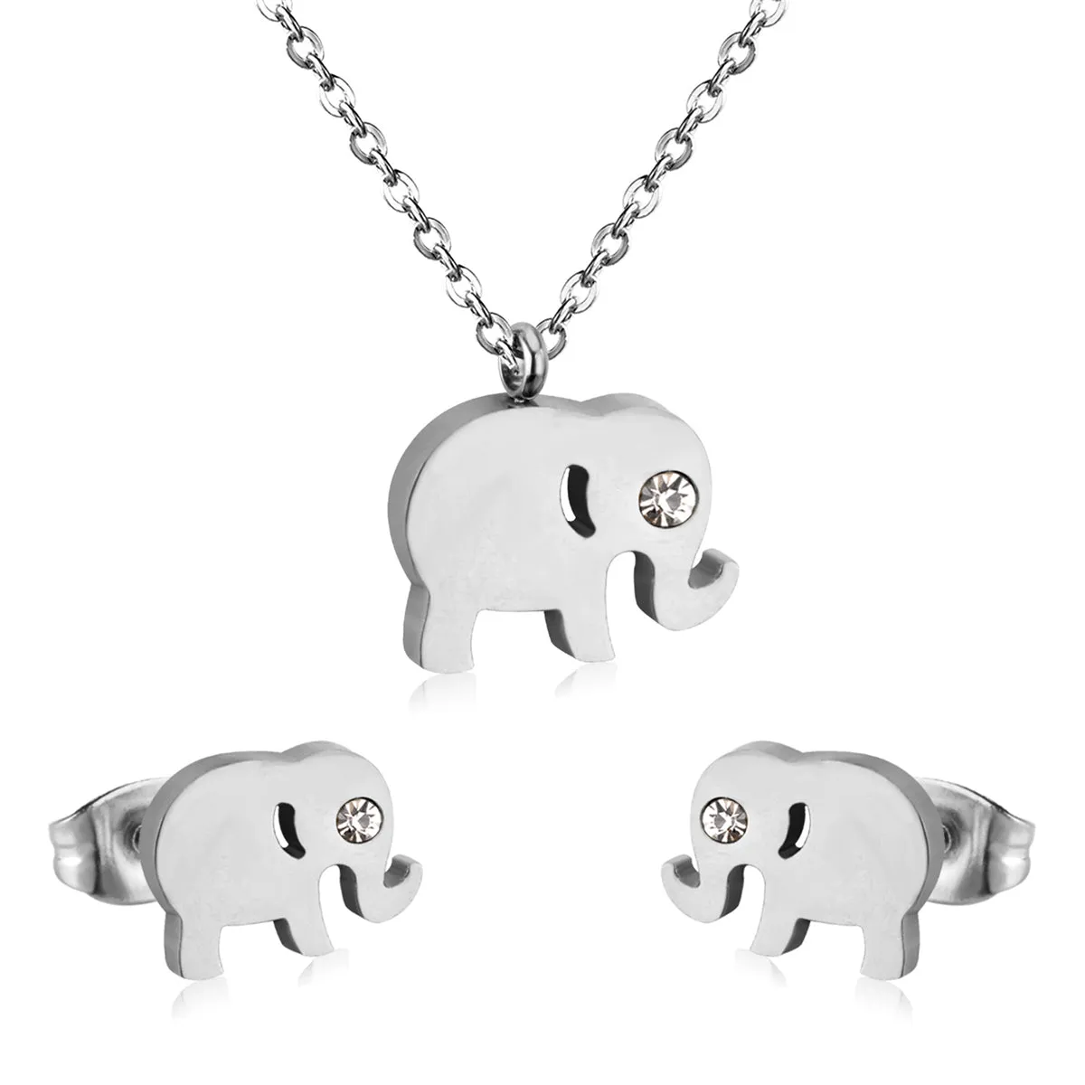 Cubic Zirconia & Stainless Steel Elephant Pendant Necklace & Stud Earrings