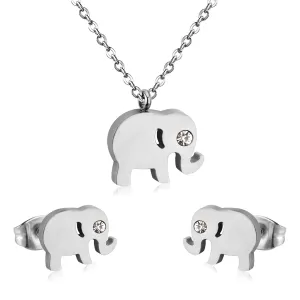 Cubic Zirconia & Stainless Steel Elephant Pendant Necklace & Stud Earrings