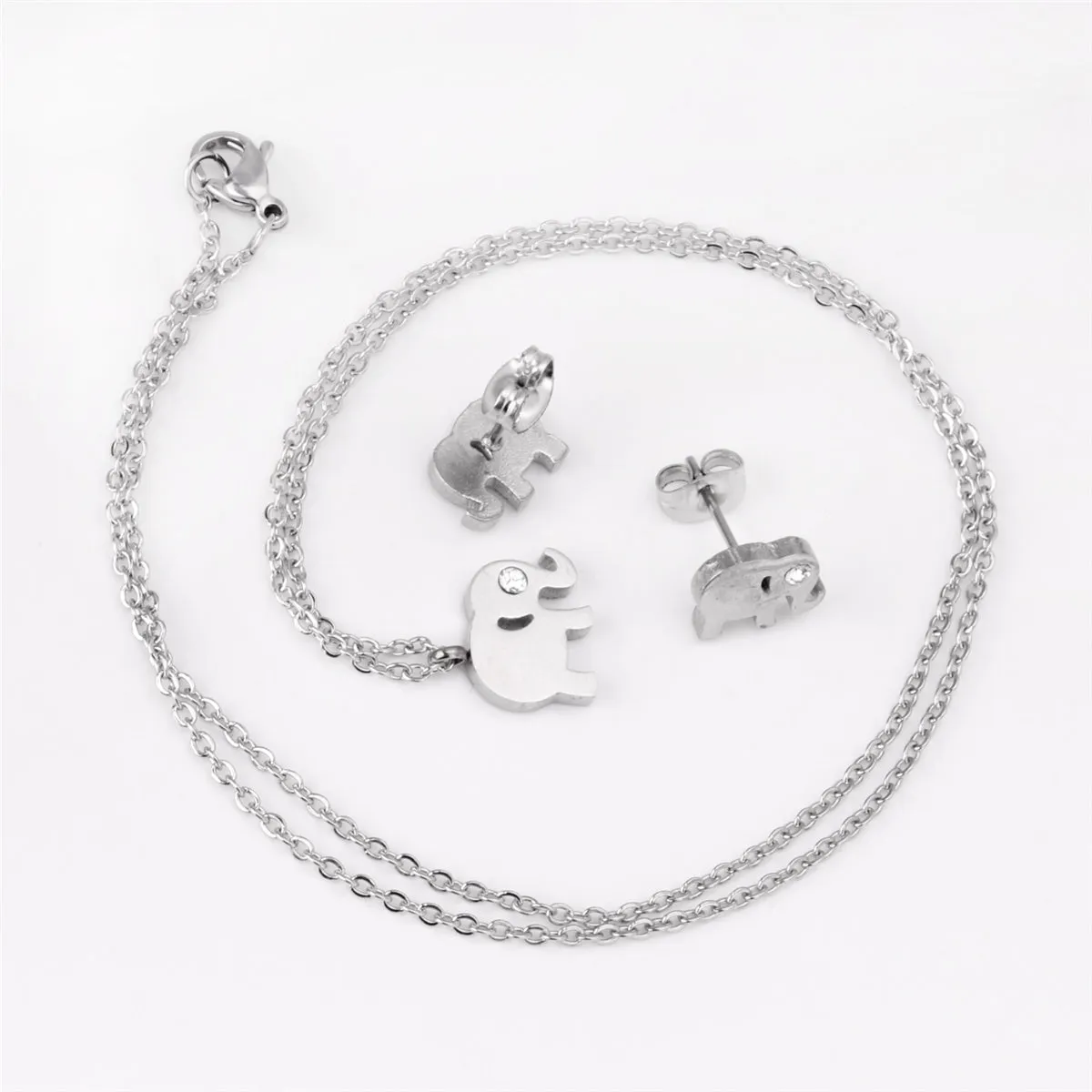 Cubic Zirconia & Stainless Steel Elephant Pendant Necklace & Stud Earrings