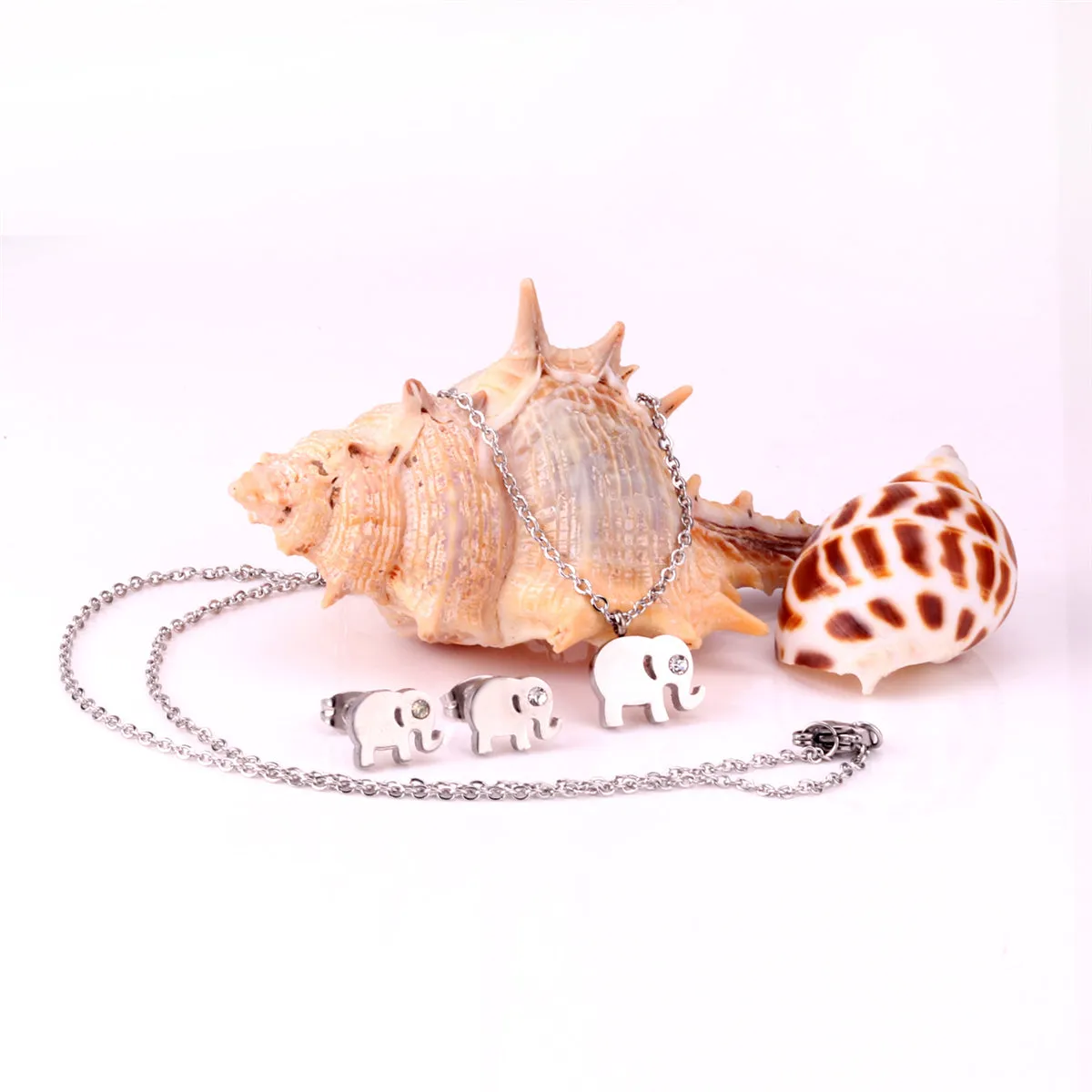 Cubic Zirconia & Stainless Steel Elephant Pendant Necklace & Stud Earrings