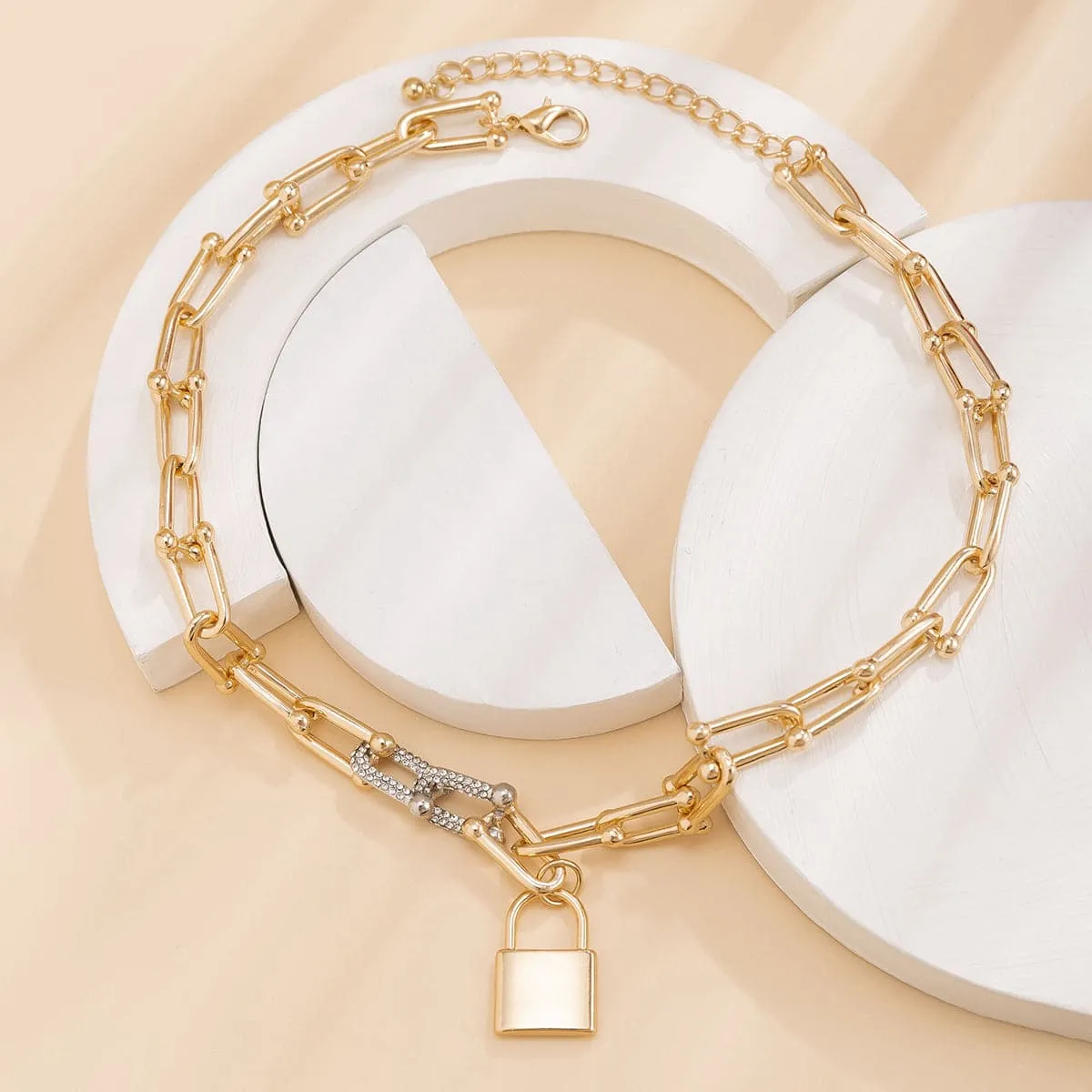 Cubic Zirconia & Two Tone Vachette Chain Lock Pendant Necklace