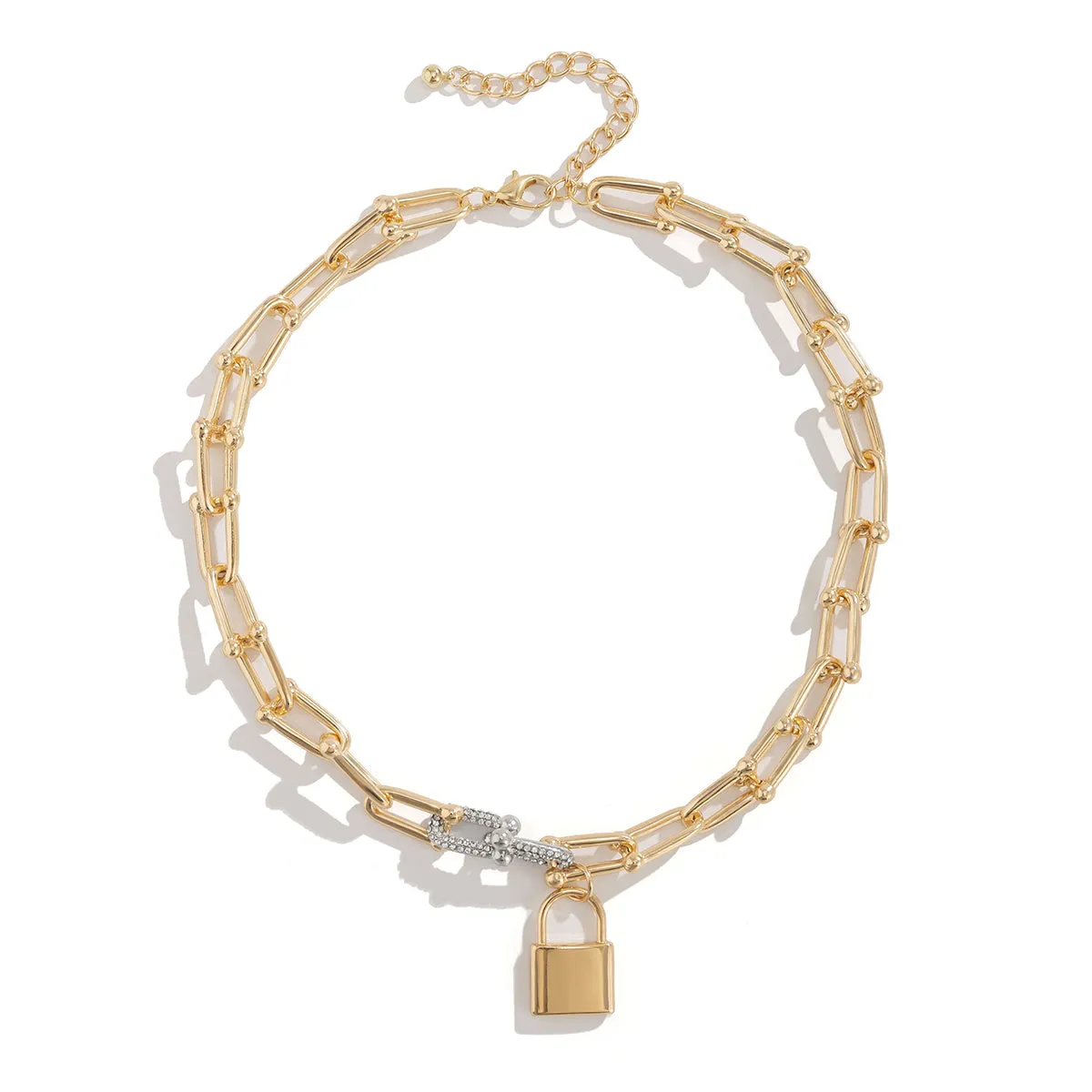 Cubic Zirconia & Two Tone Vachette Chain Lock Pendant Necklace