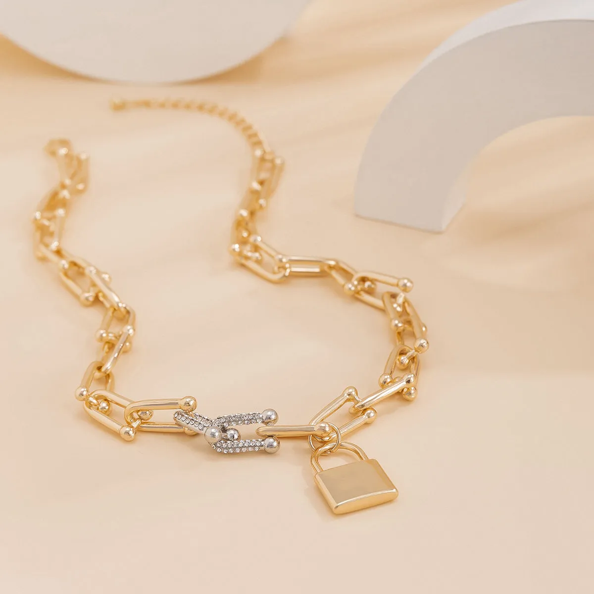 Cubic Zirconia & Two Tone Vachette Chain Lock Pendant Necklace