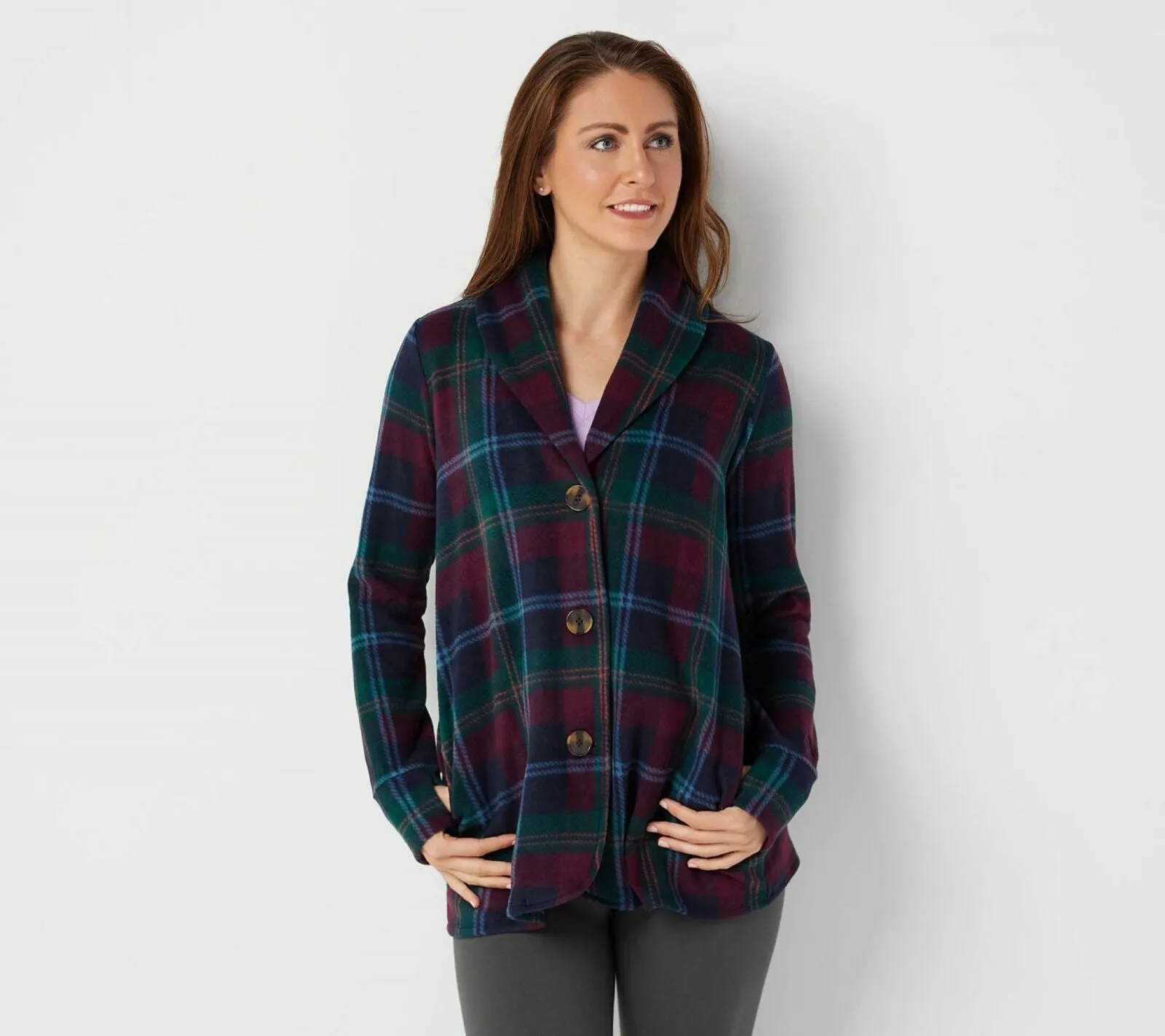 Cuddl Duds Women's Stretch Fleece Button Front Plaid Large