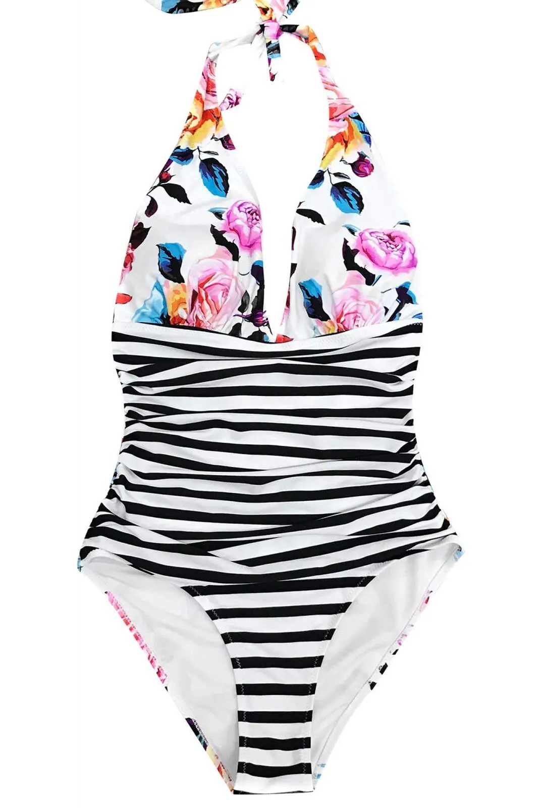 Cupshe Women's Bold Floral and Stripe Halter One Piece Swimsuit