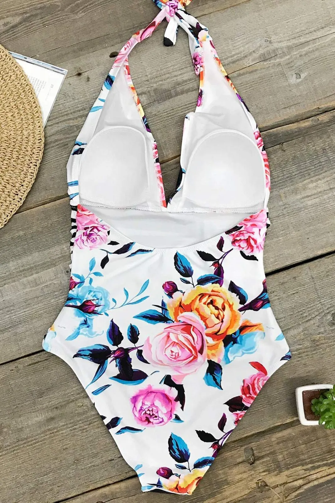 Cupshe Women's Bold Floral and Stripe Halter One Piece Swimsuit