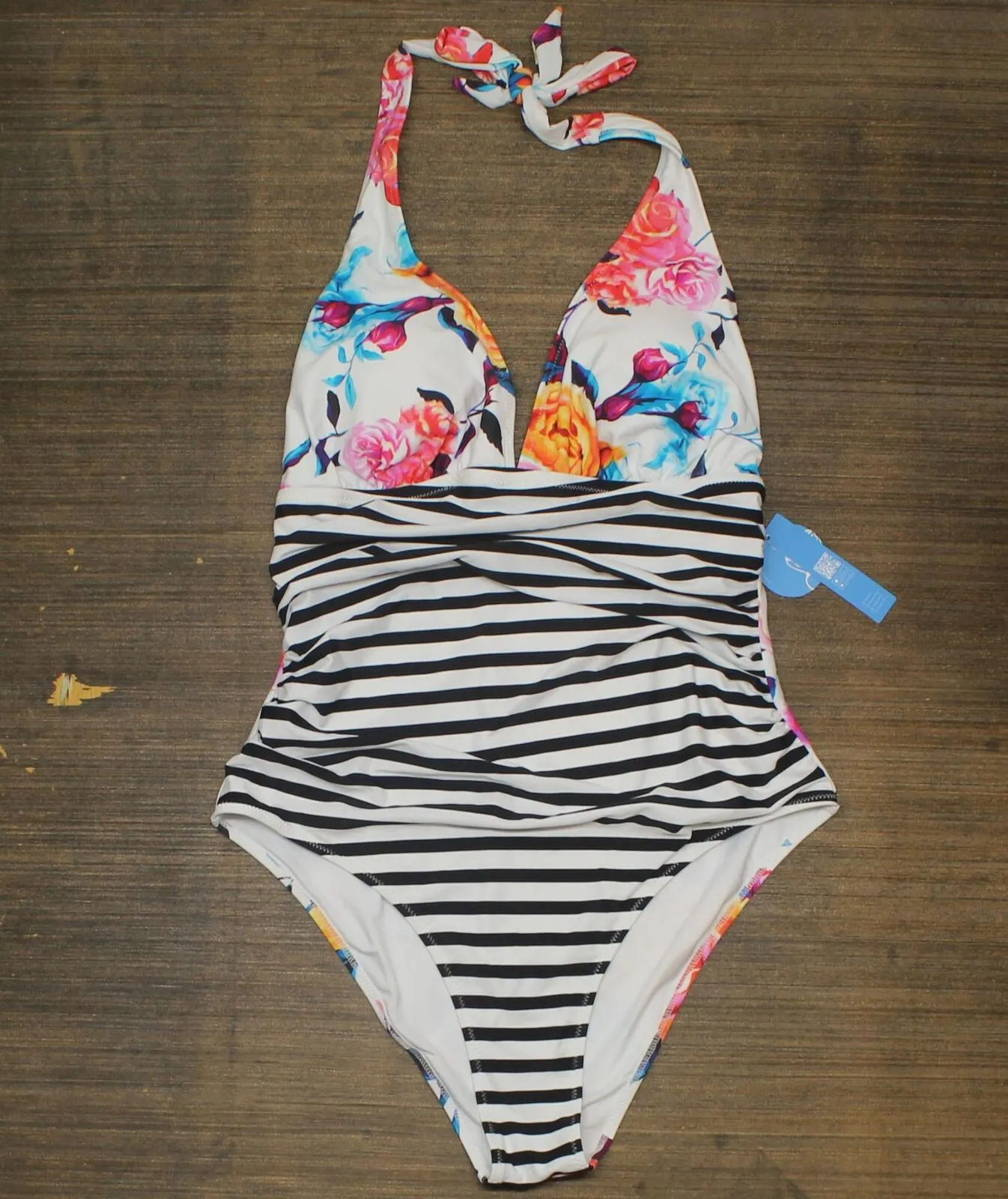 Cupshe Women's Bold Floral and Stripe Halter One Piece Swimsuit