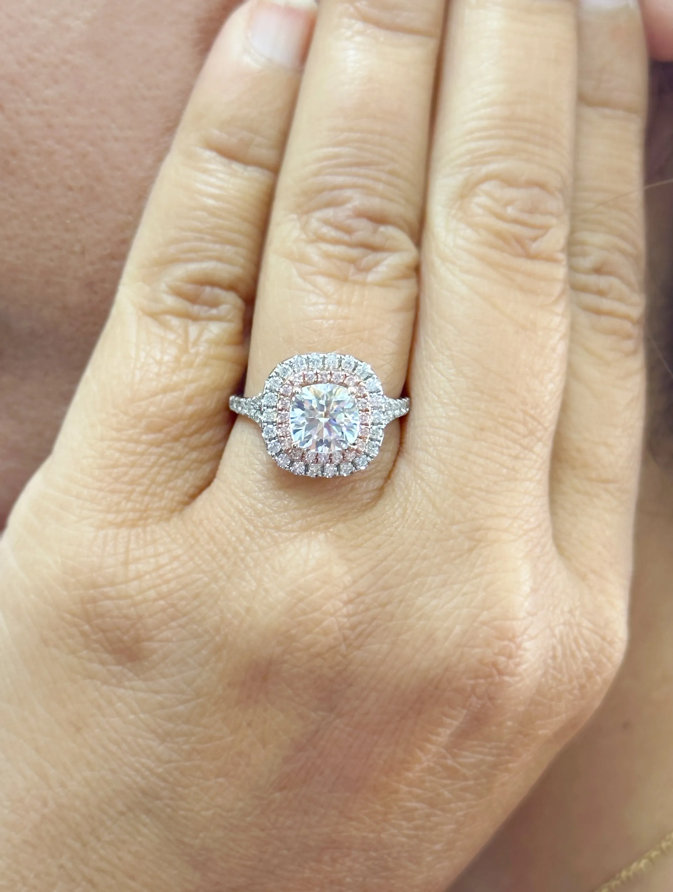 Cushion And Round Cut Diamond Engagement Ring Double Halo IGI Certified Double Halo Women's 14k Solid White And Rose Gold 3.00ct G-VS2