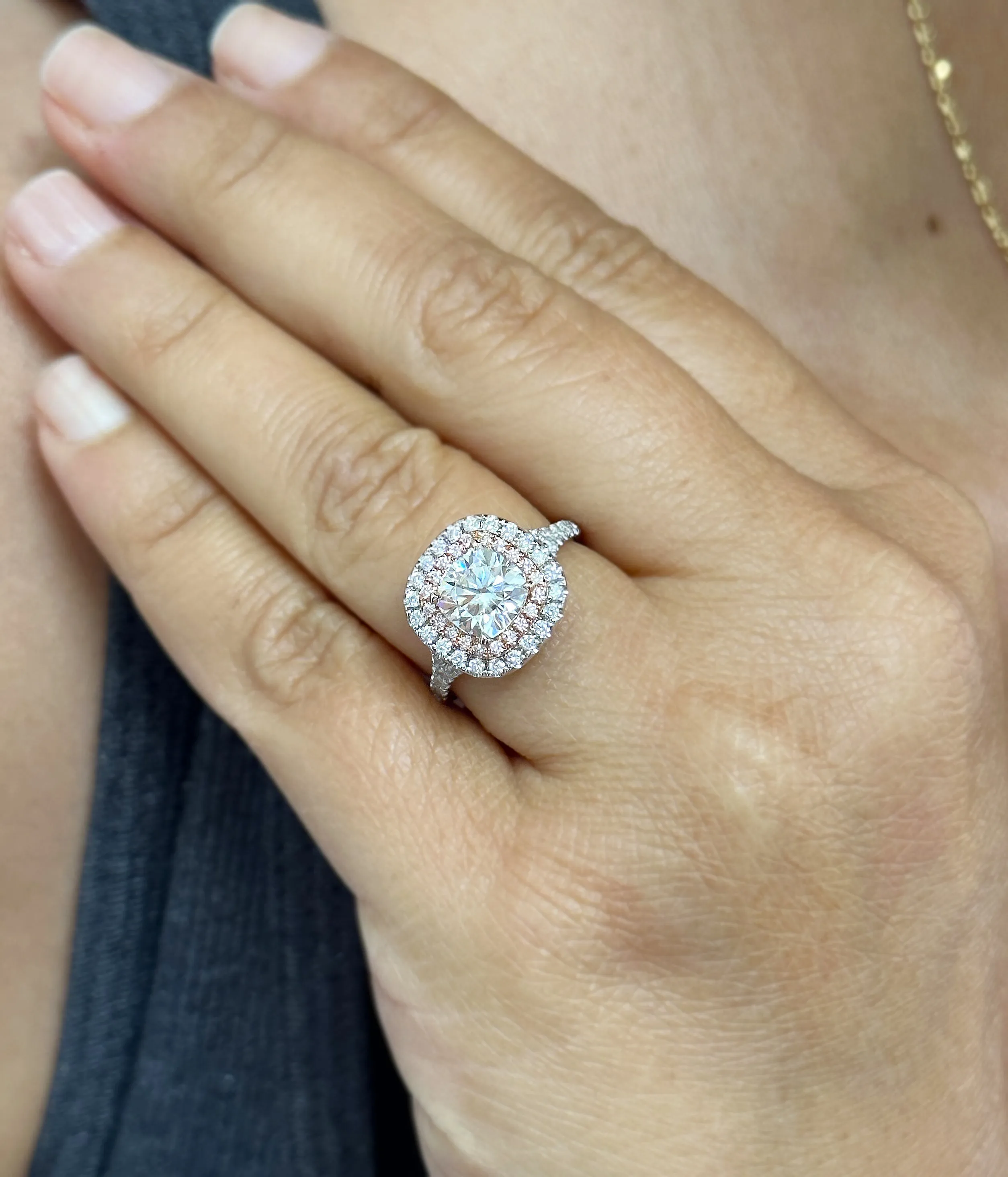 Cushion And Round Cut Diamond Engagement Ring Double Halo IGI Certified Double Halo Women's 14k Solid White And Rose Gold 3.00ct G-VS2