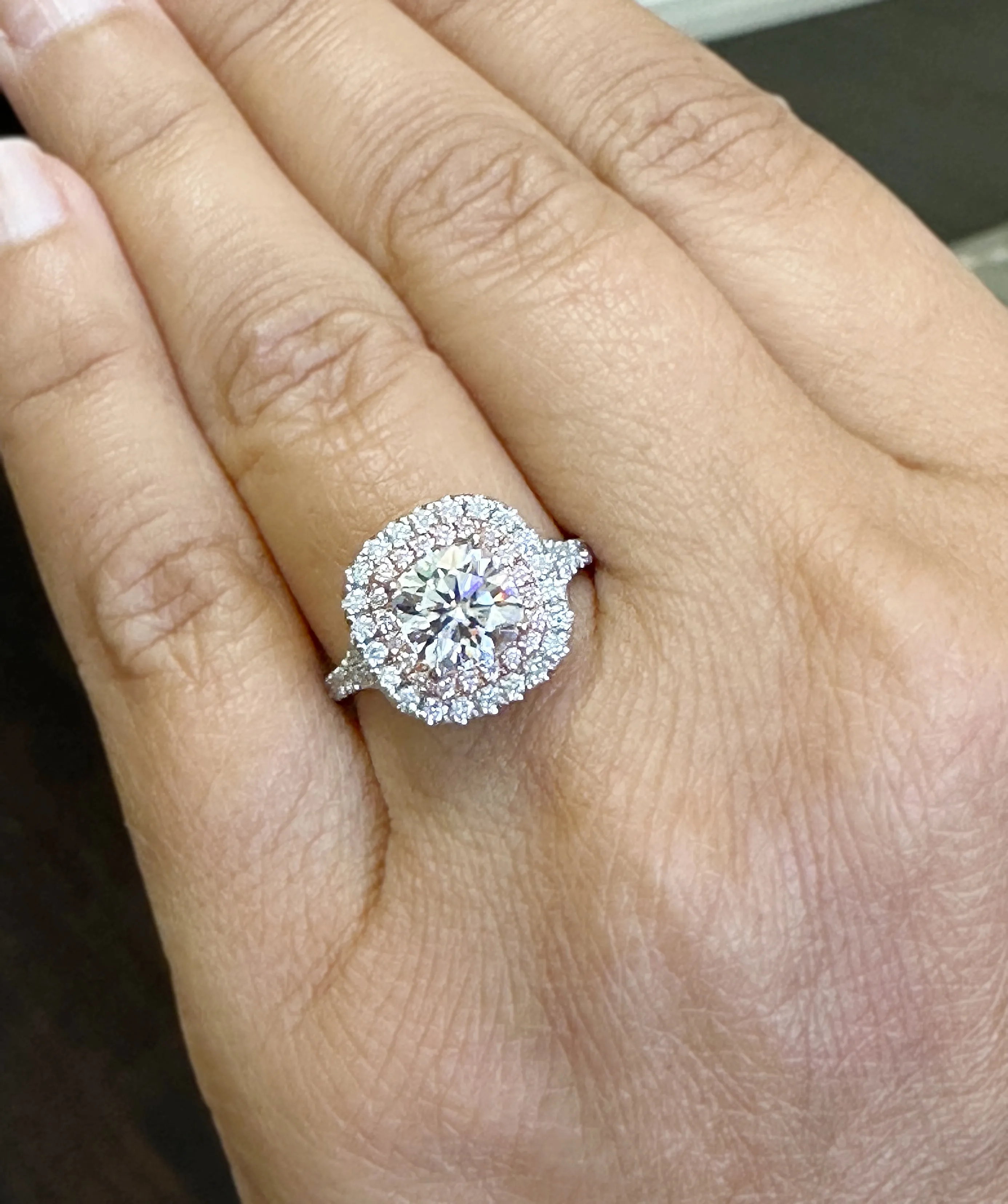 Cushion And Round Cut Diamond Engagement Ring Double Halo IGI Certified Double Halo Women's 14k Solid White And Rose Gold 3.00ct G-VS2