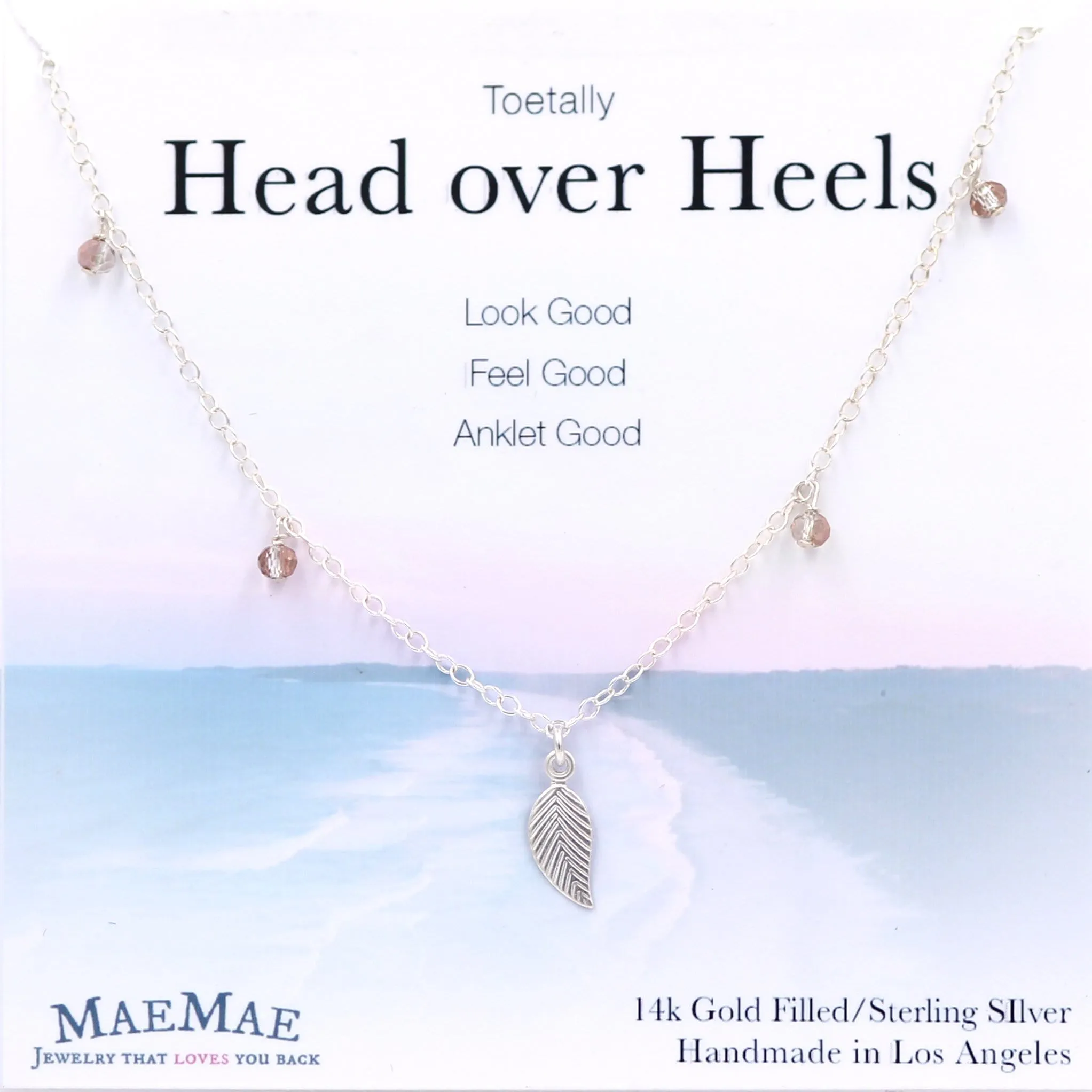 Dainty Leaf Anklet with Pink Crystal Dangles