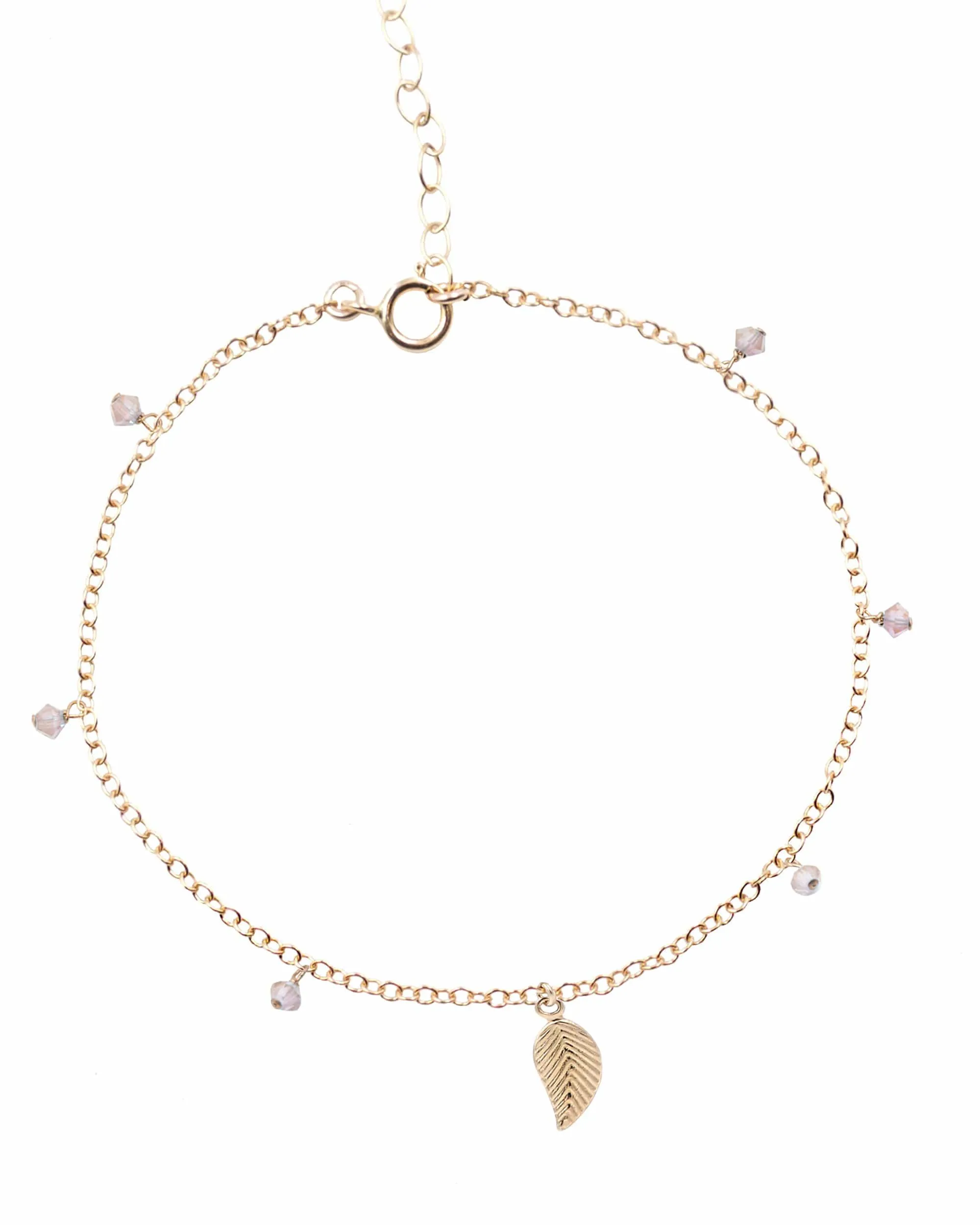 Dainty Leaf Anklet with Pink Crystal Dangles