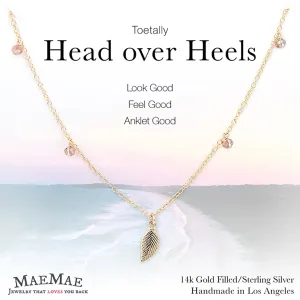 Dainty Leaf Anklet with Pink Crystal Dangles