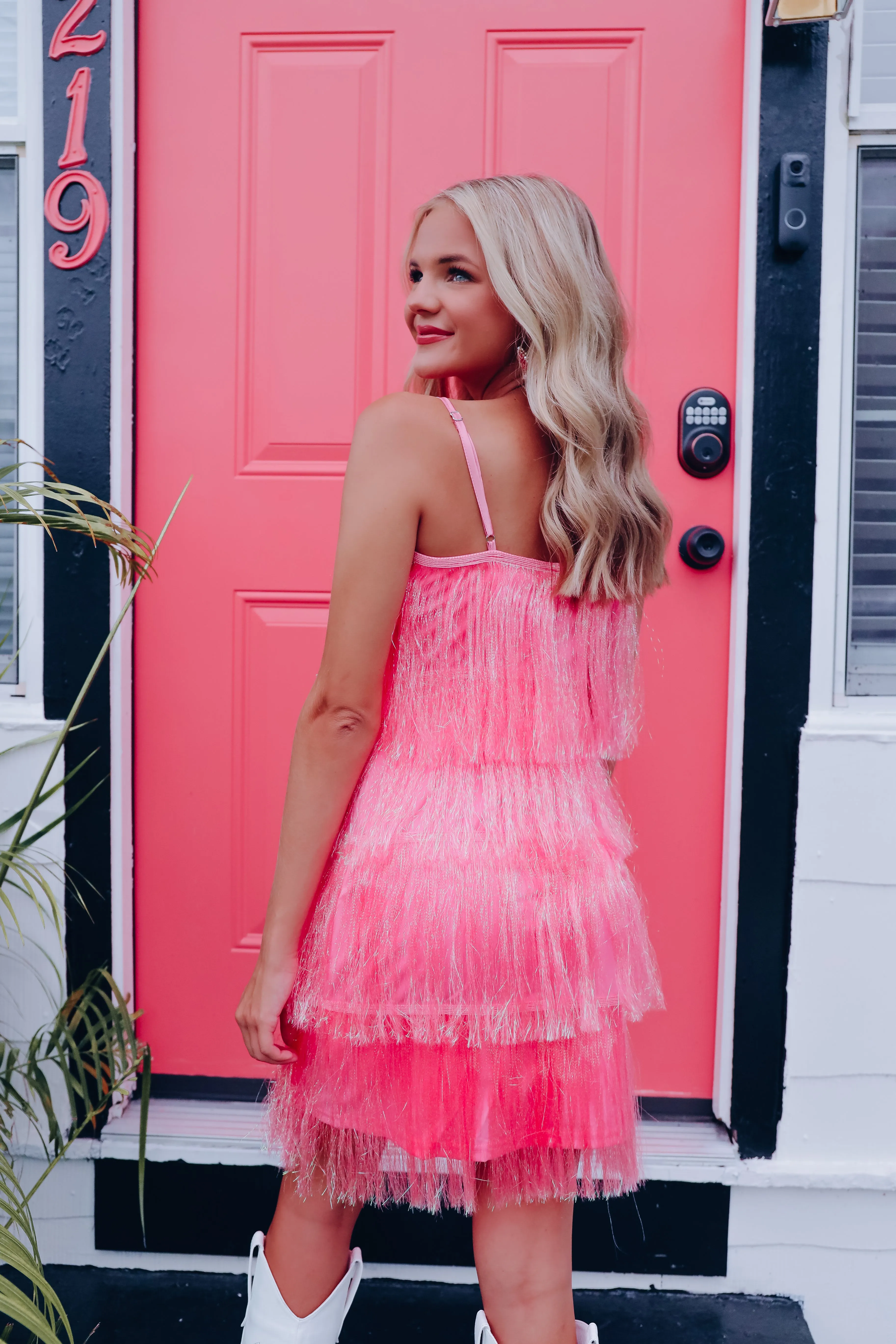 Dancing Queen Iridescent Fringe Mini Dress - Pink