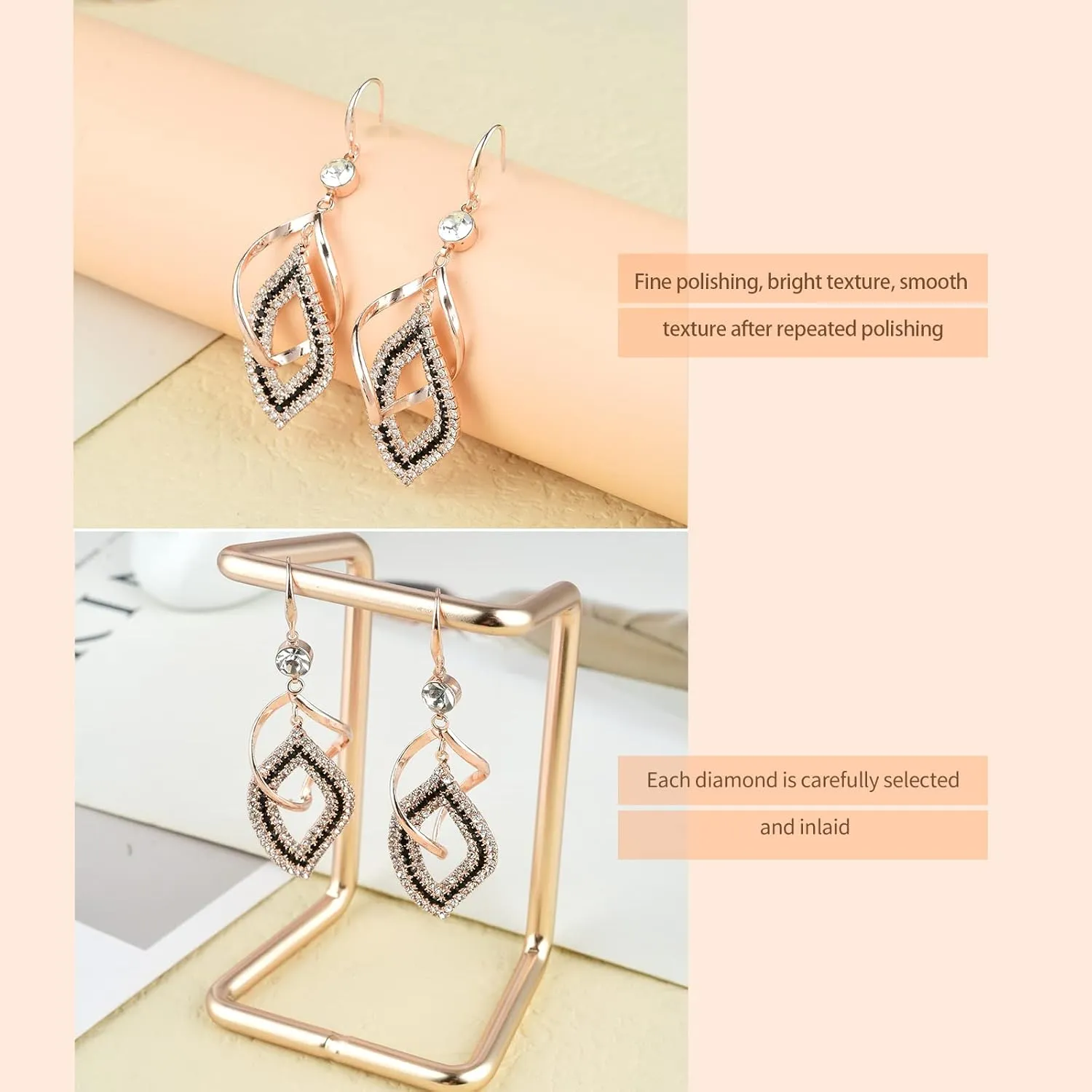 Dangle Earrings for Women, 925 Sterling Silver Handmade Linear Swirl Wire Bohemian Boho 14K Gold Diamonds Earrings Hypoallergenic Earrings Fashion Jewelry Gifts for women (Rose Gold)