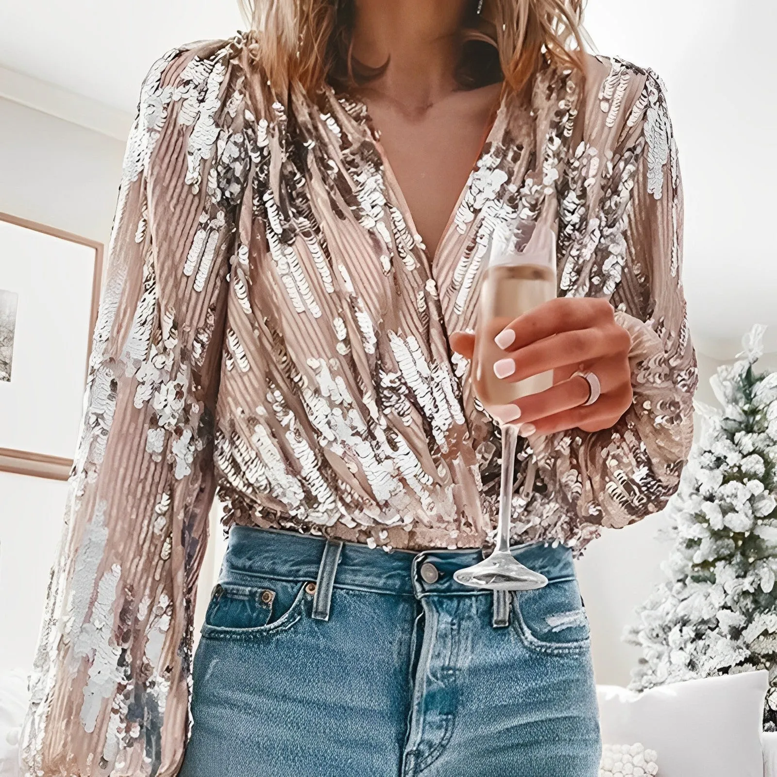 Debora® | Gala Shiny V-Neck Blouse With Sequins