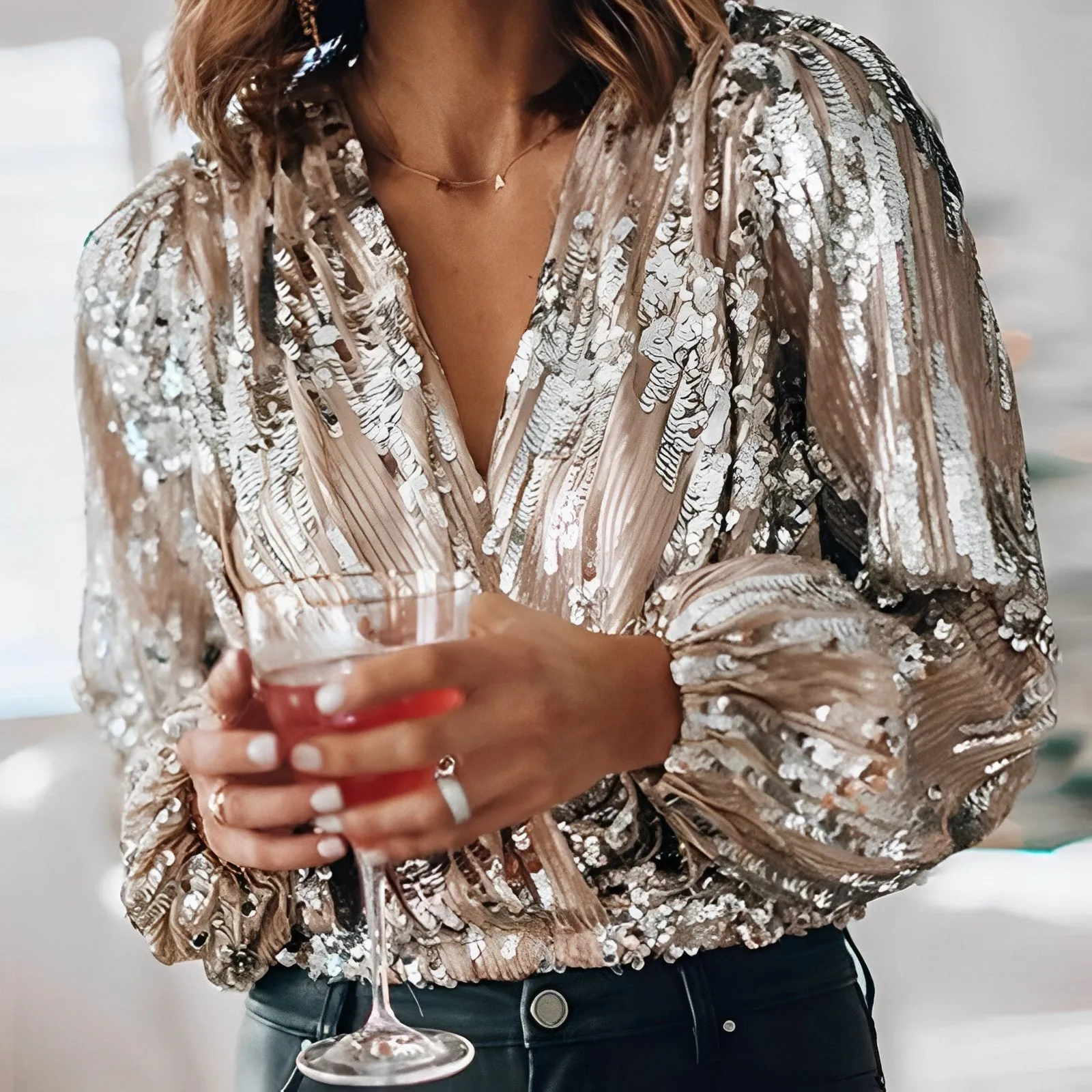 Debora® | Gala Shiny V-Neck Blouse With Sequins