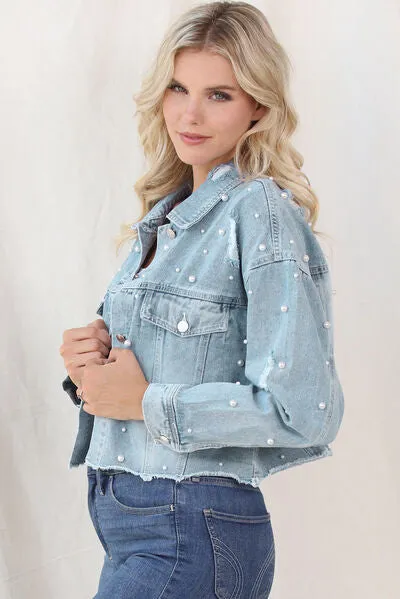 Denim Lira™ | Women's Denim Jacket | Raw Hem, Pearl Trim, Stylish Casual Wear