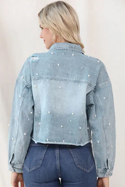 Denim Lira™ | Women's Denim Jacket | Raw Hem, Pearl Trim, Stylish Casual Wear