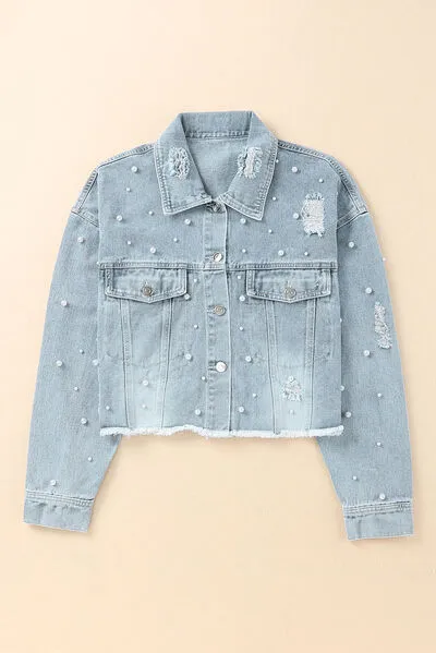 Denim Lira™ | Women's Denim Jacket | Raw Hem, Pearl Trim, Stylish Casual Wear