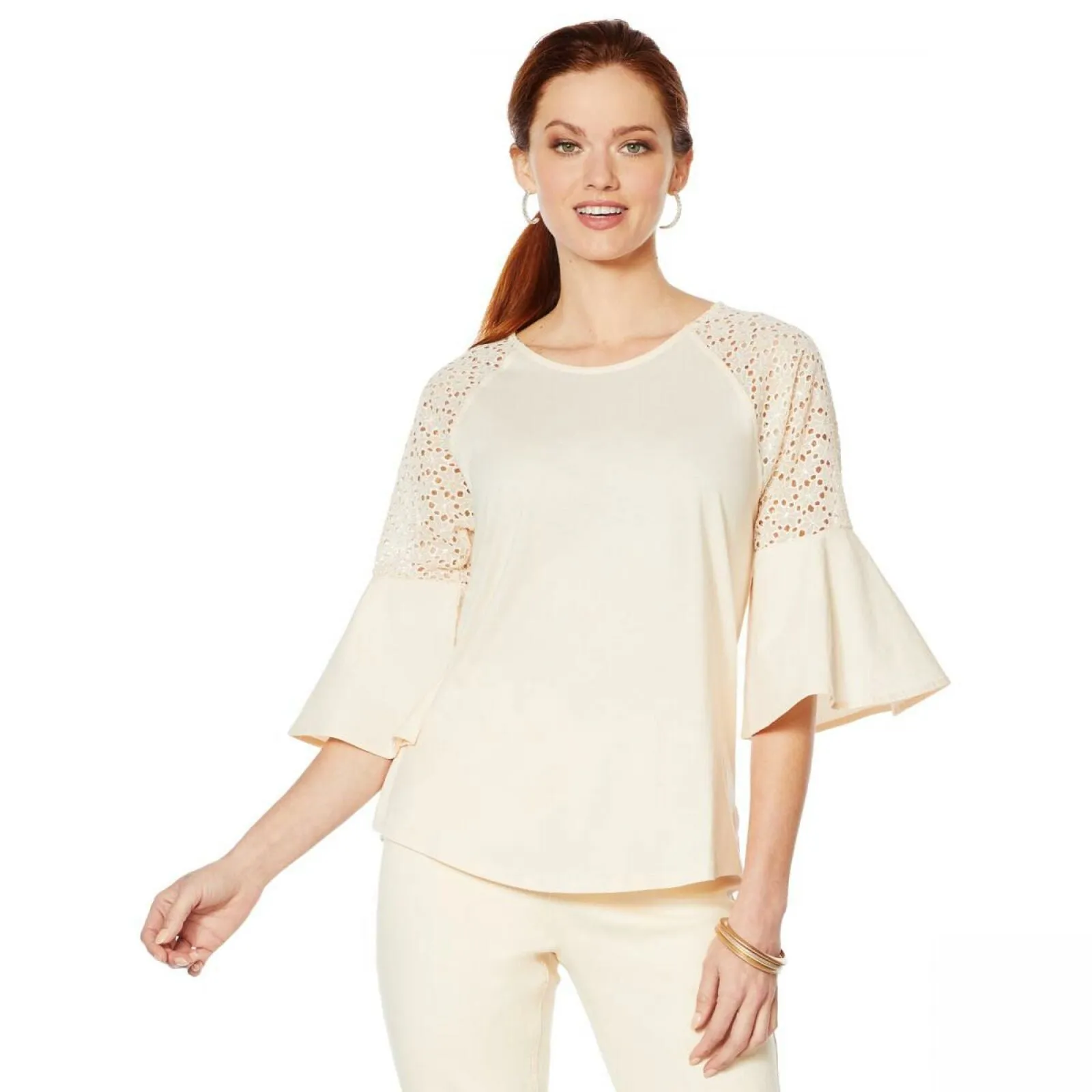 DG2 by Diane Gilman Women's Eyelet Flutter Sleeve Knit Top