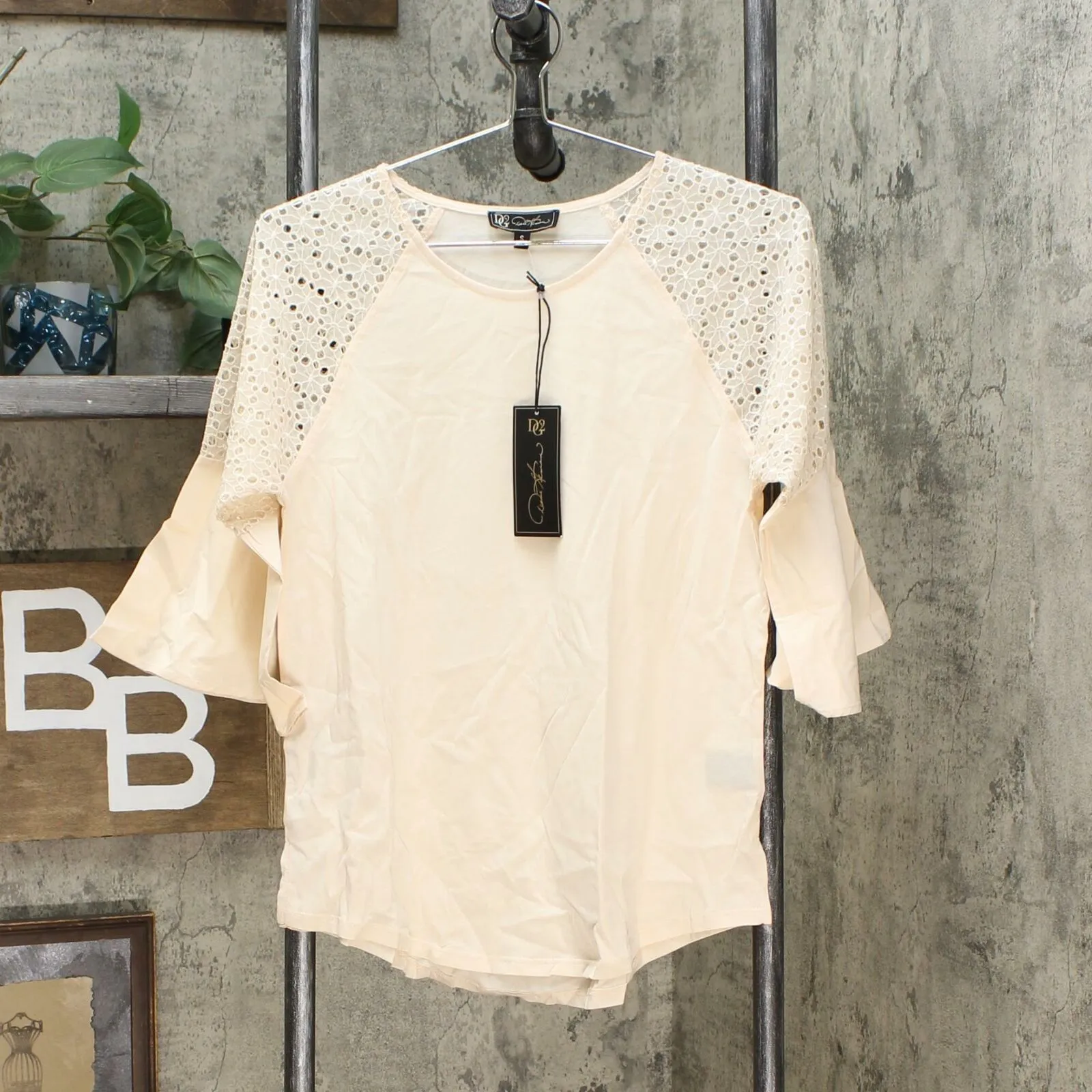 DG2 by Diane Gilman Women's Eyelet Flutter Sleeve Knit Top