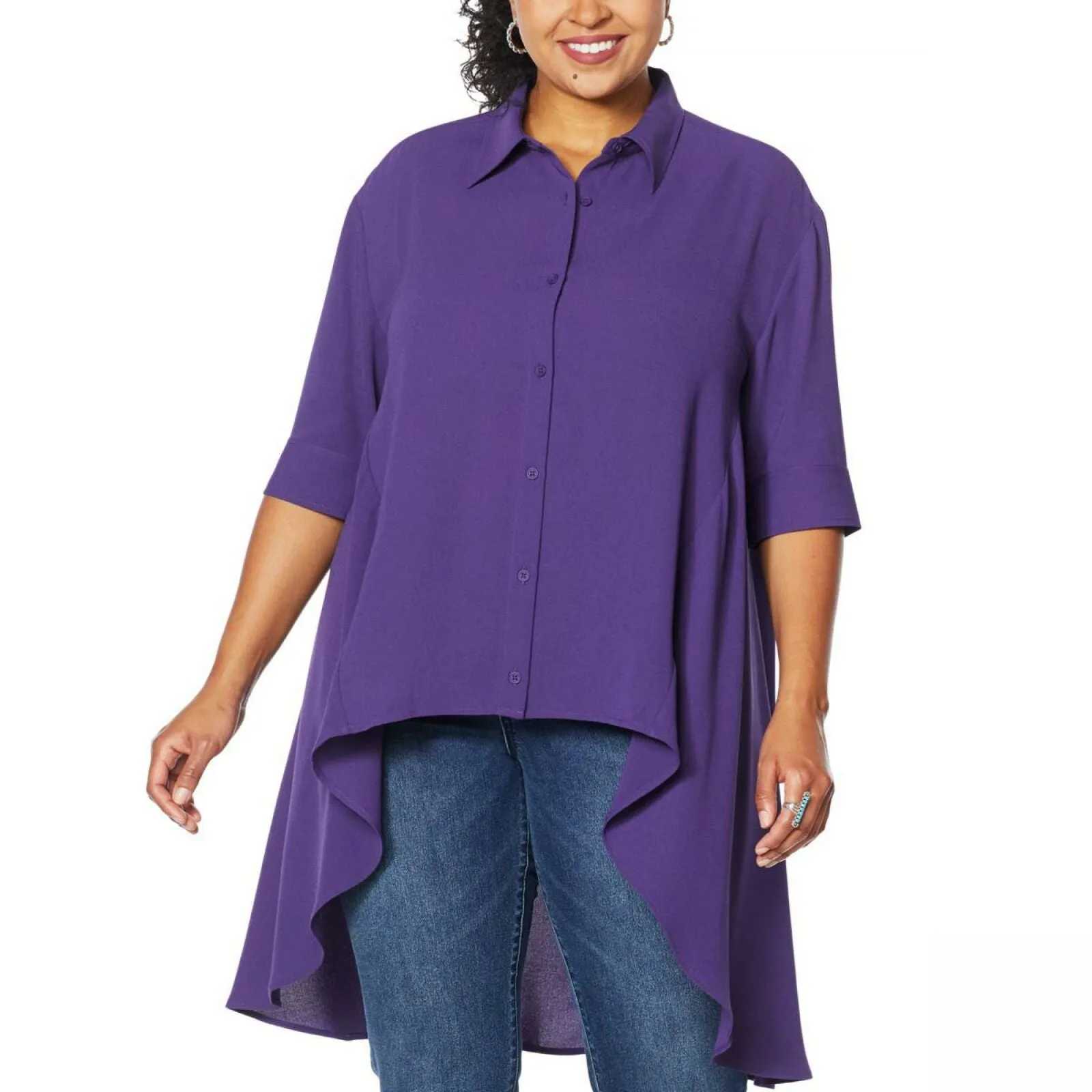 DG2 by Diane Gilman Women's Plus Size Drama Button Front Hi-Low Blouse