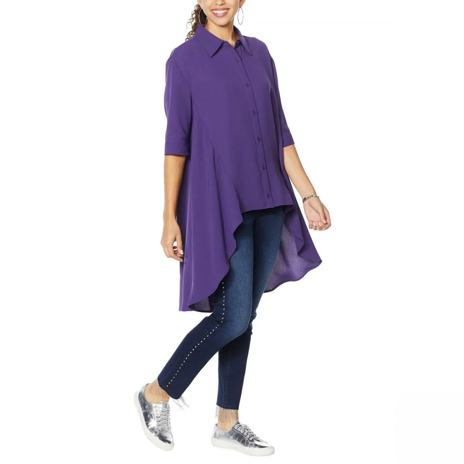 DG2 by Diane Gilman Women's Plus Size Drama Button Front Hi-Low Blouse