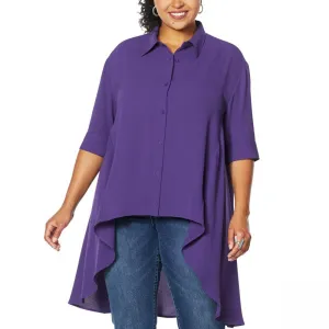 DG2 by Diane Gilman Women's Plus Size Drama Button Front Hi-Low Blouse