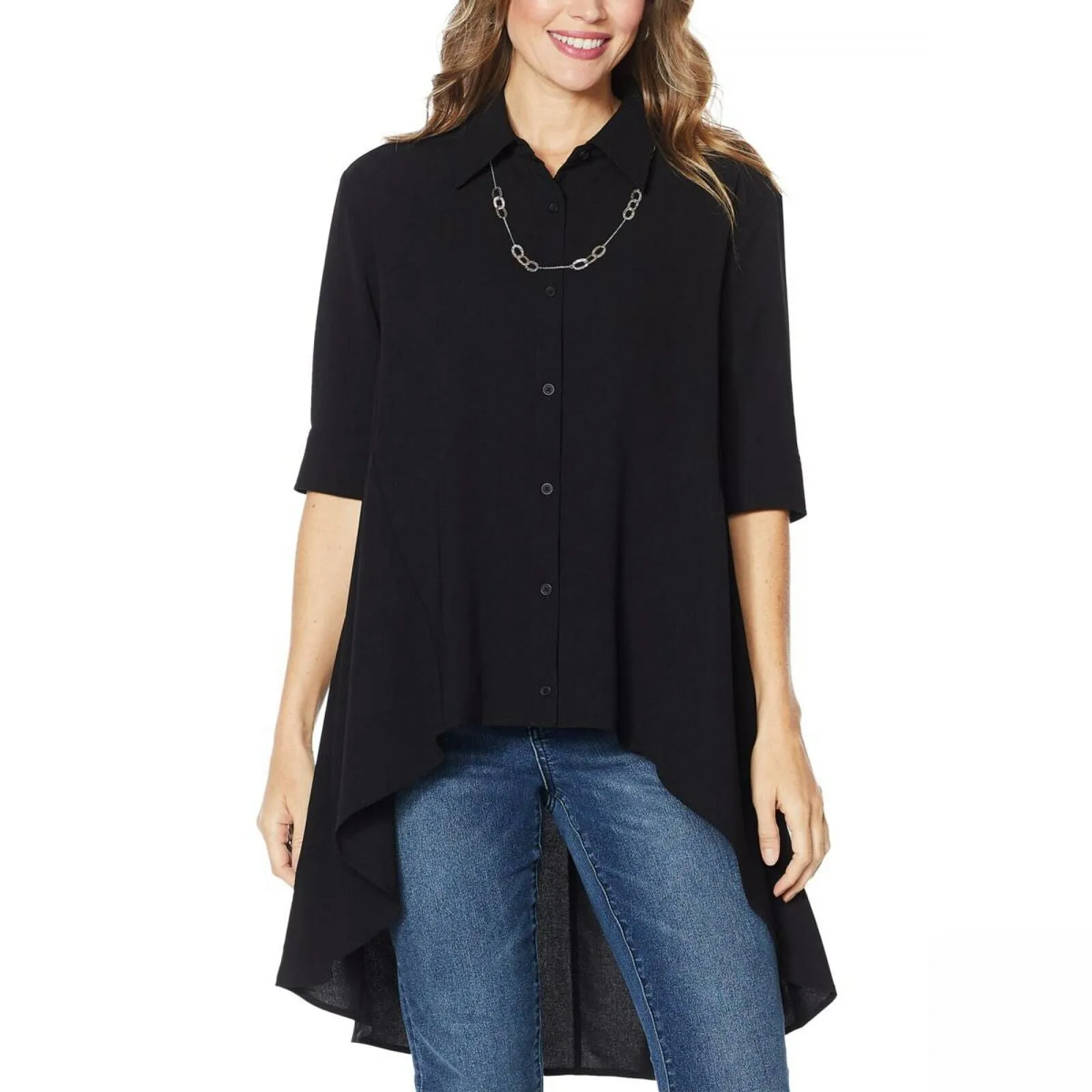 DG2 by Diane Gilman Women's Plus Size Drama Button Front Hi Low Up Blouse