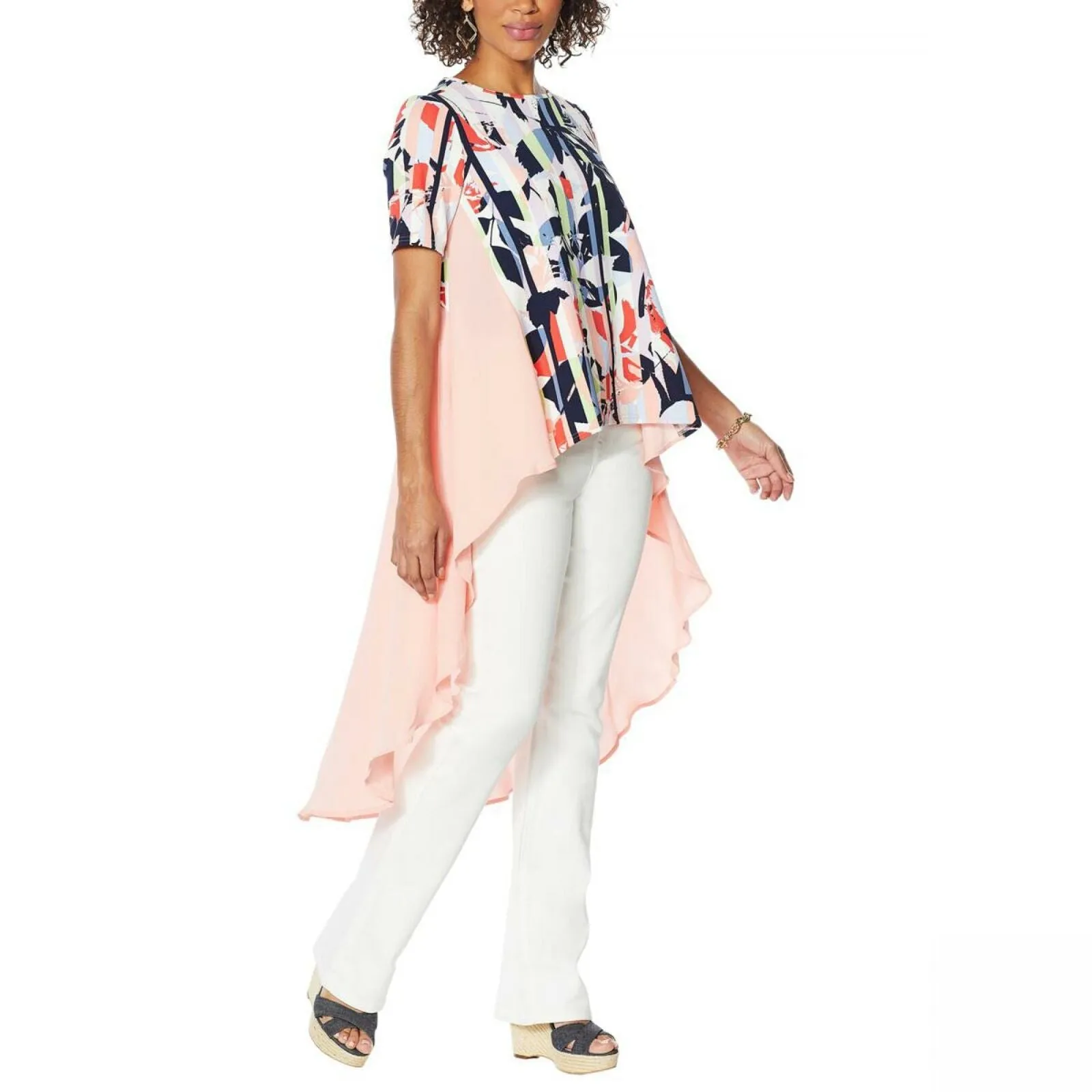DG2 by Diane Gilman Women's Plus Size Dramatic Hi Low Printed Crepe Colorblock Top