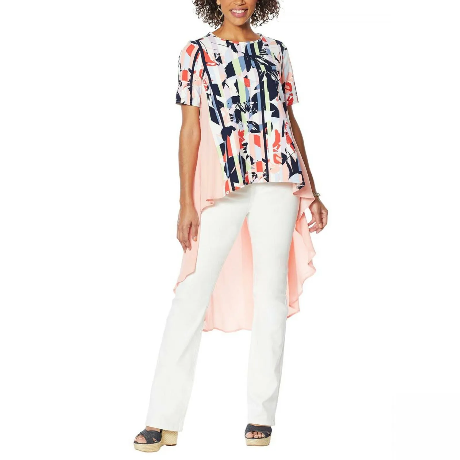 DG2 by Diane Gilman Women's Plus Size Dramatic Hi Low Printed Crepe Colorblock Top