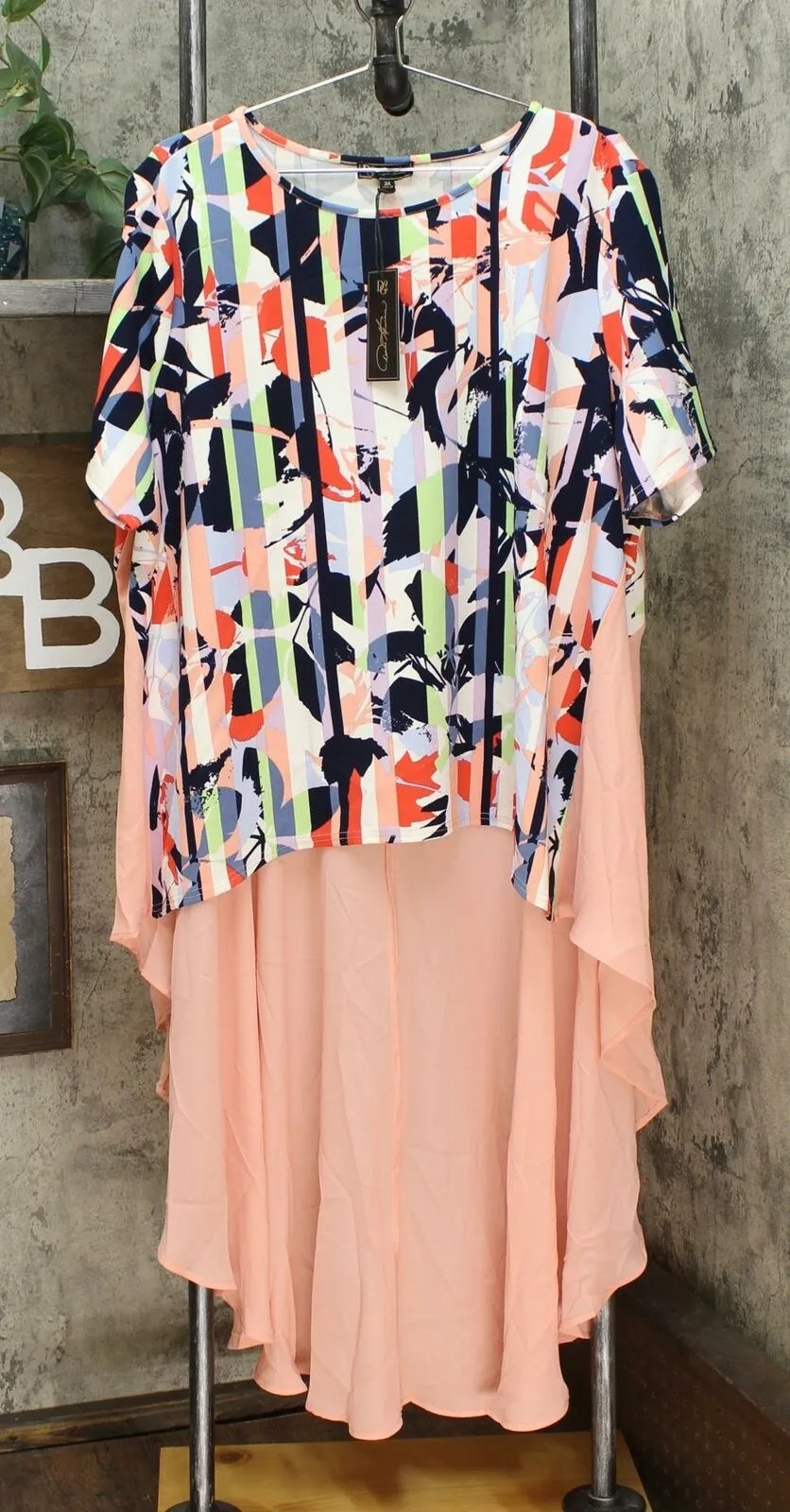 DG2 by Diane Gilman Women's Plus Size Dramatic Hi Low Printed Crepe Colorblock Top