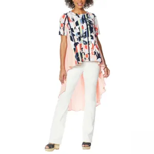 DG2 by Diane Gilman Women's Plus Size Dramatic Hi Low Printed Crepe Colorblock Top